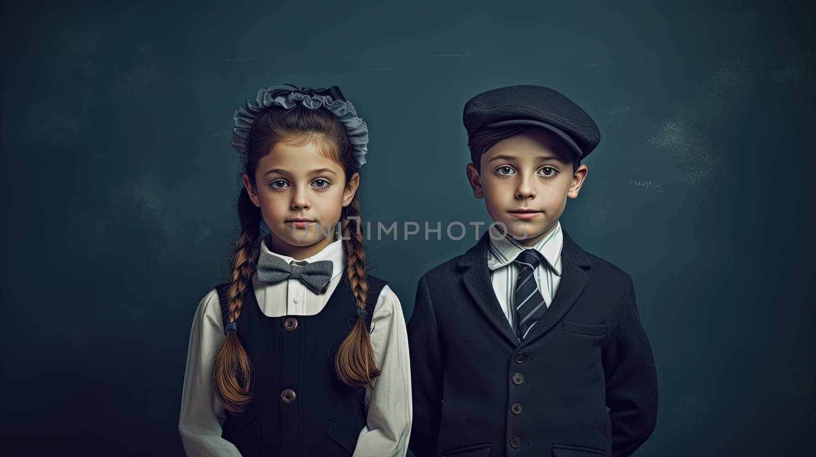 School pupil, boy and girl standing in front of black board. School children couple. Generated AI. by SwillKch