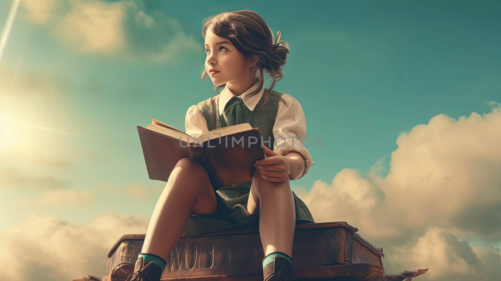 Schoolgirl reads the book in the sky, flying in her dreams and fantasies. Learning concept with little girl in the world of education. Generated AI. by SwillKch