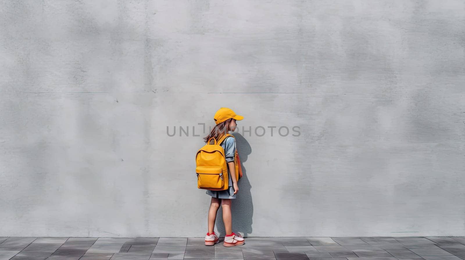 Schoolgirl standing by the wall. Colorful scene with girl with school backpack. Generated AI