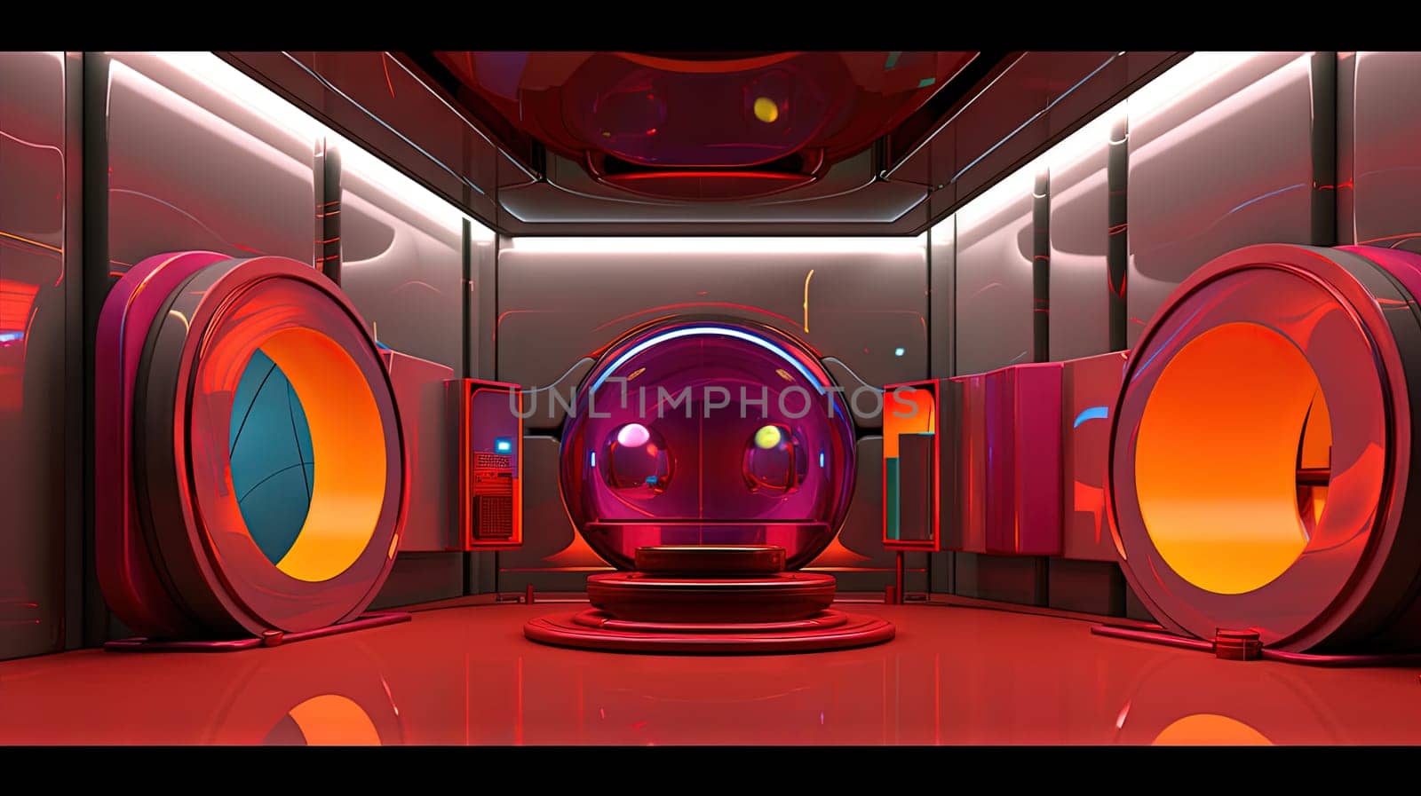 Spaceship or lab interior in retro futuristic sci-fi style with round doors. Generated AI. by SwillKch