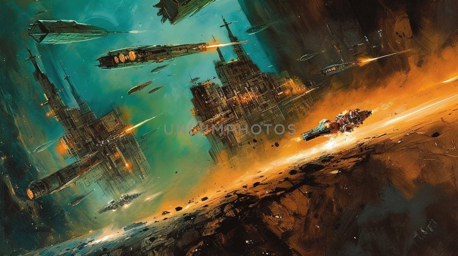 Space ships battle over alien planet in 80s books style. Retro science fiction illustration. Generated AI. by SwillKch