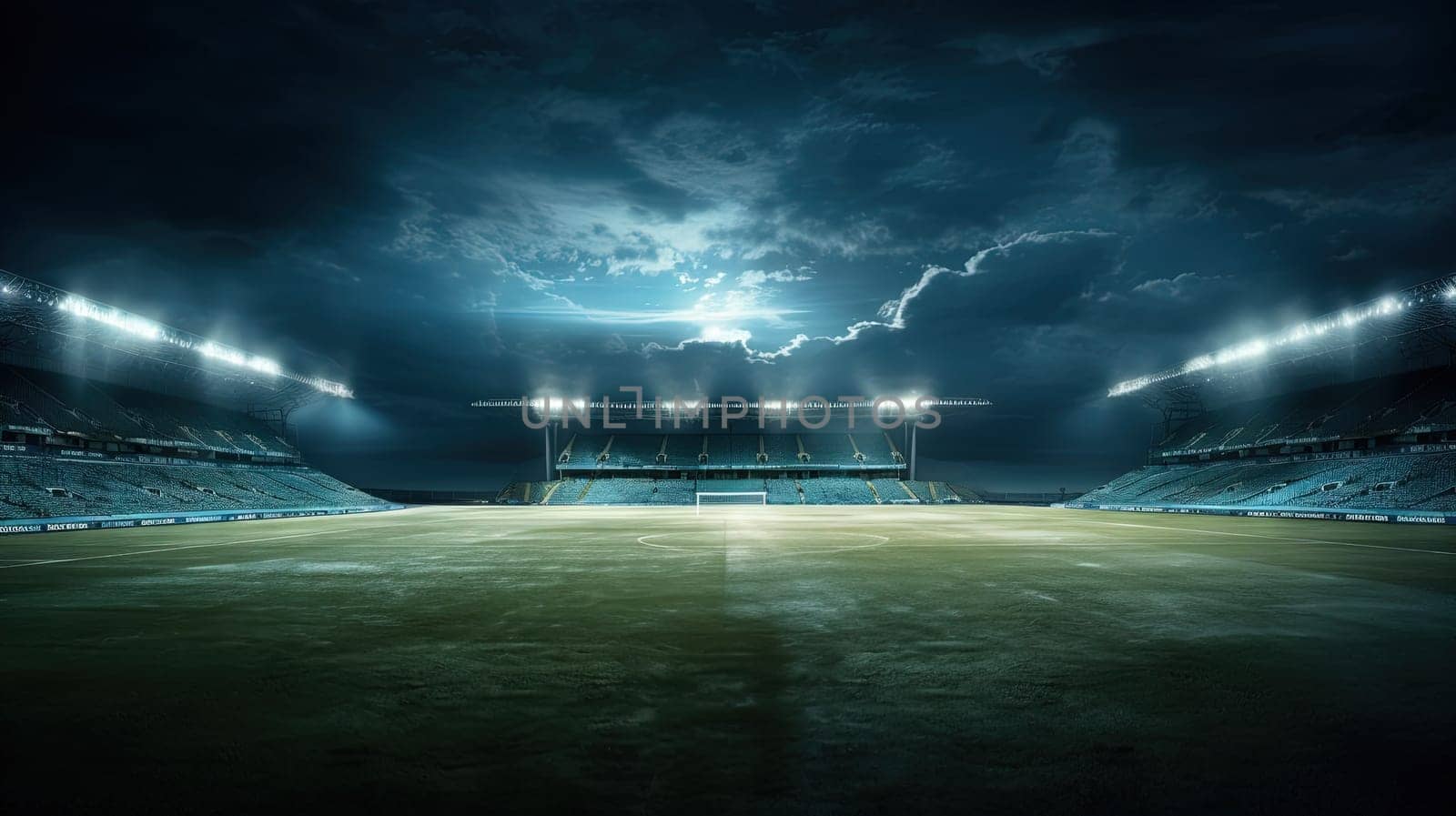 Illuminated stadium with green grass in the evening before the sport game championship. Generated AI