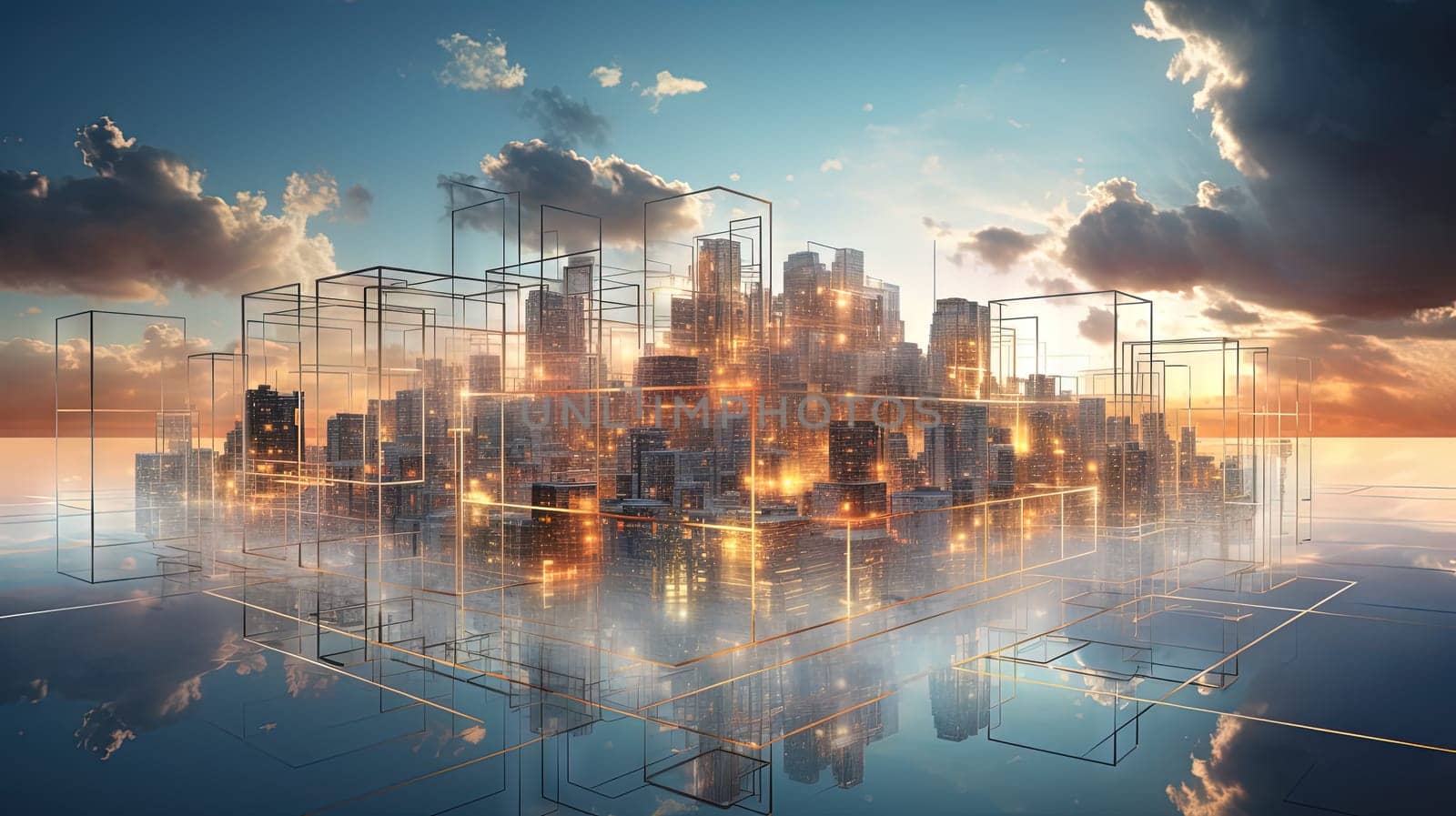 Concept of a digital city with cloud connections. Futuristic network in the clouds. Generated AI. by SwillKch