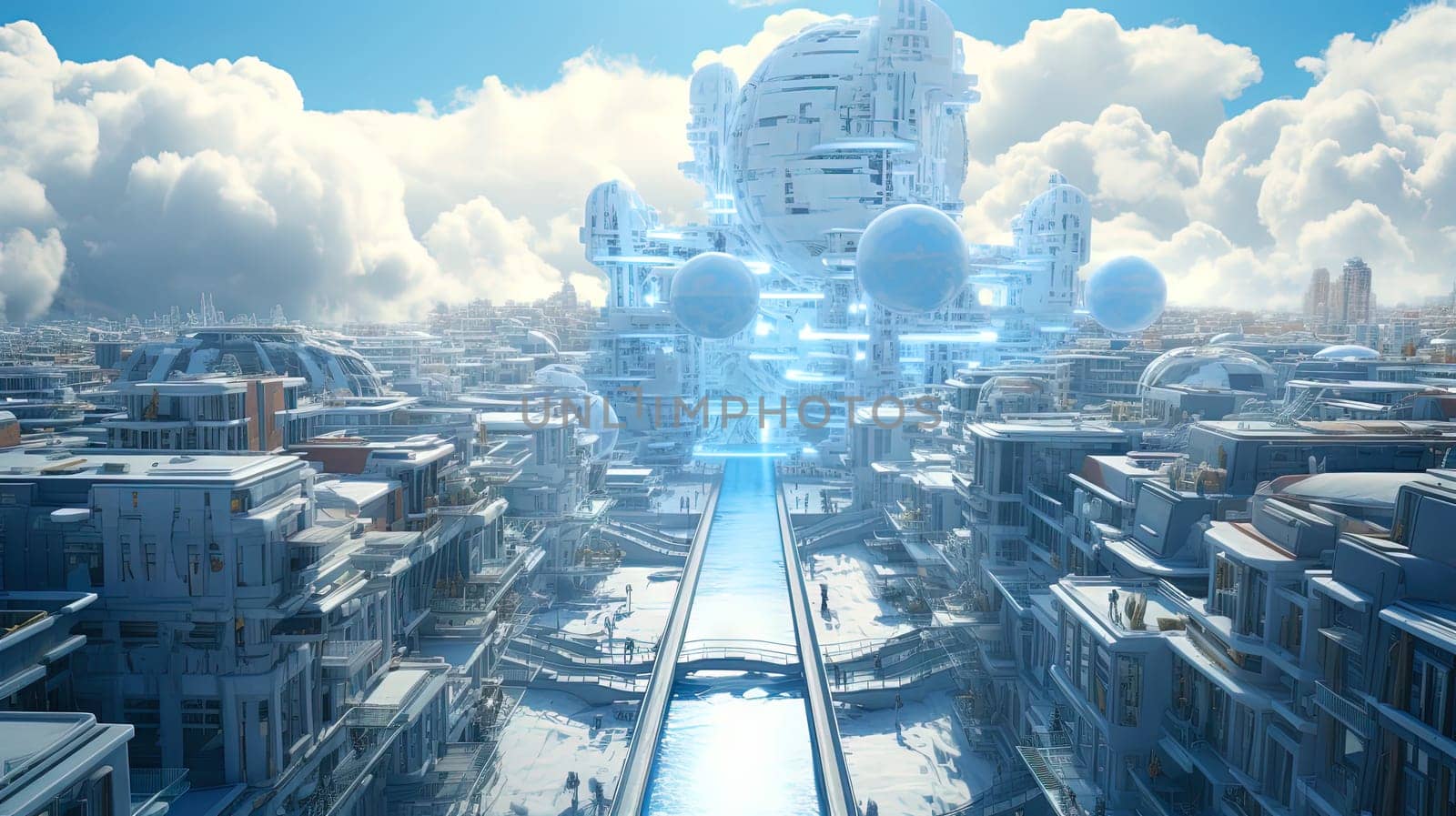 Concept of a digital city with cloud connections. Futuristic network in the clouds. Generated AI. by SwillKch