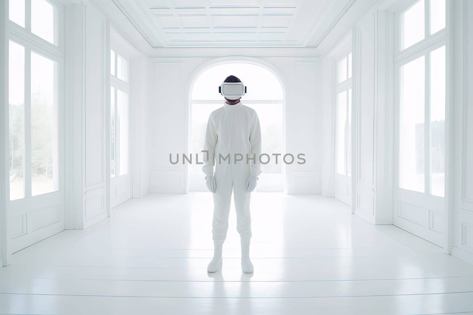 VR goggles technology concept with a person wearing virtual reality glasses device in white room. Generated AI. by SwillKch