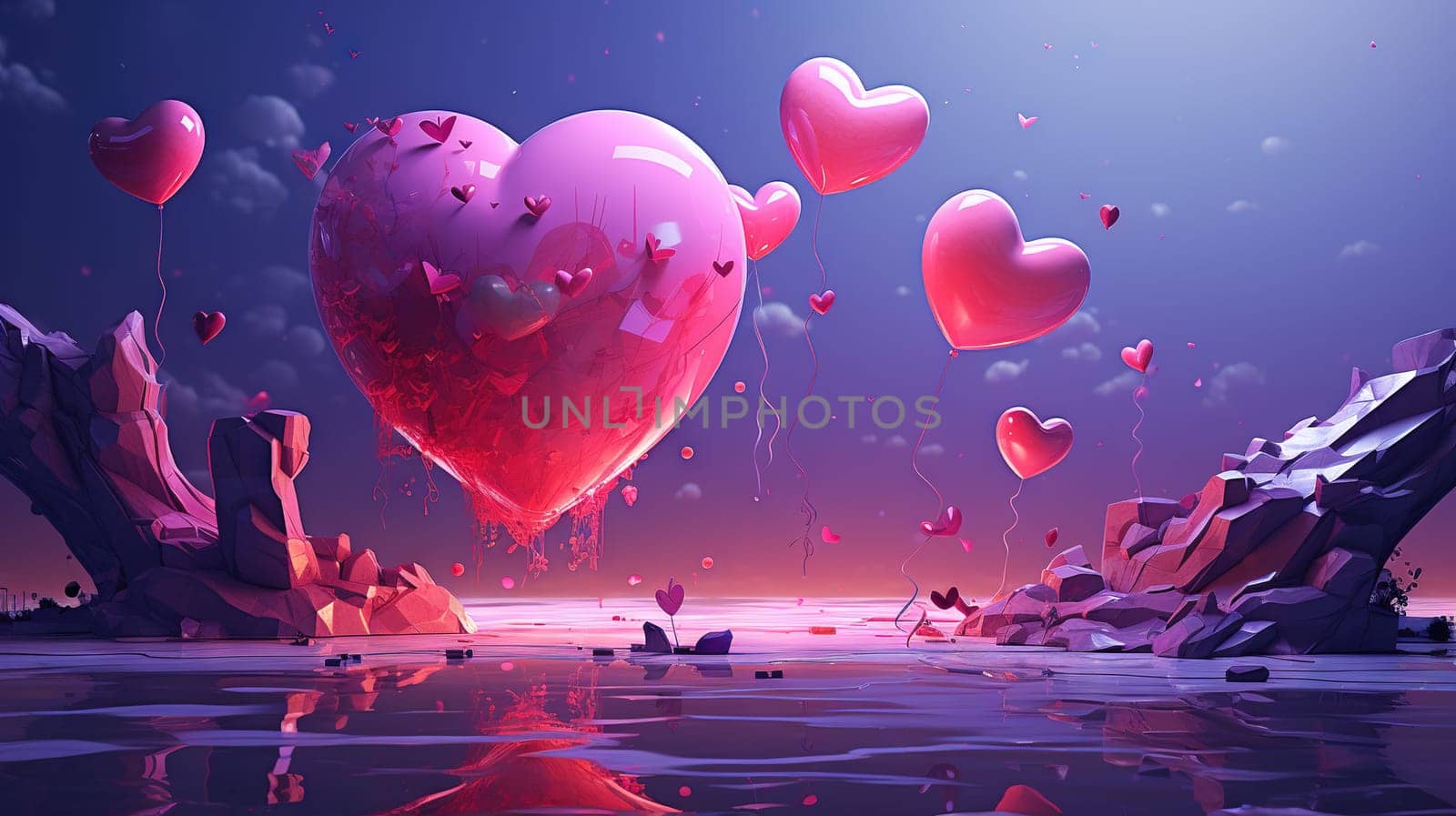 Valentine Day greeting card with surreal romantic landscape full of hearts. Generated AI. by SwillKch