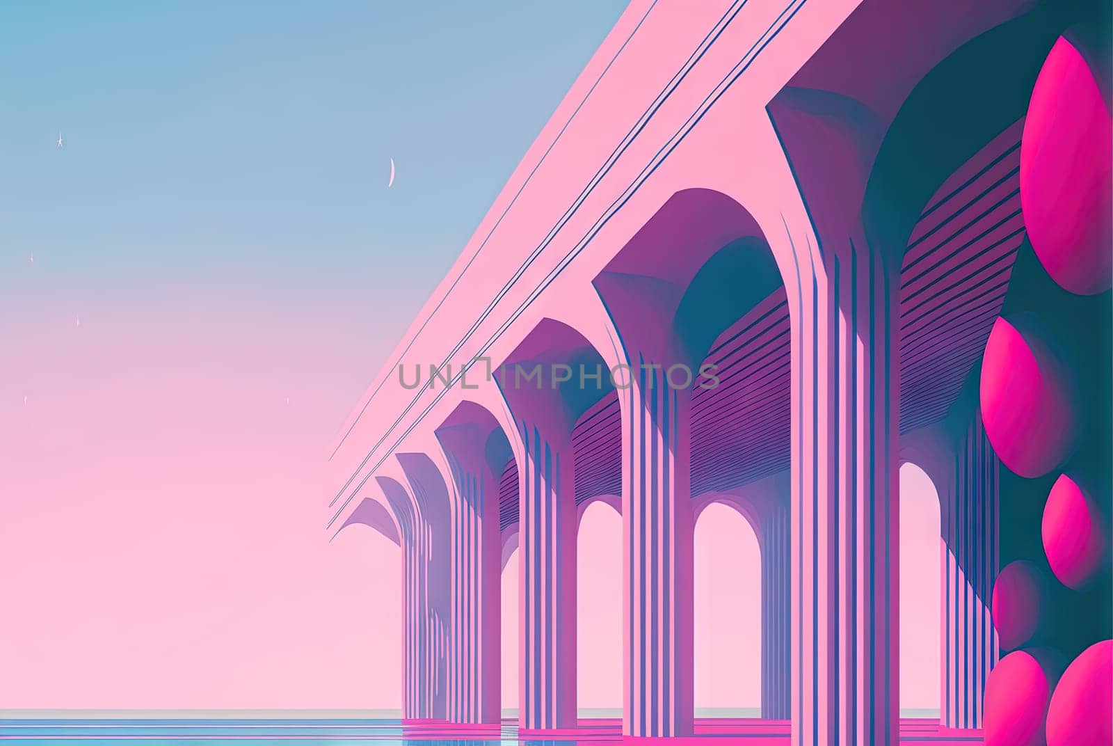 Vaporwave landscape with abstract building with pillars. 80s styled pink and blue minimalistic architectural scene. Generated AI