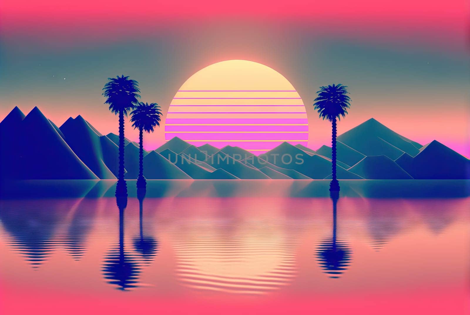 Calm and relaxing landscape with mountains in vaporwave style. Pink and blue view in 90s style. Generated AI