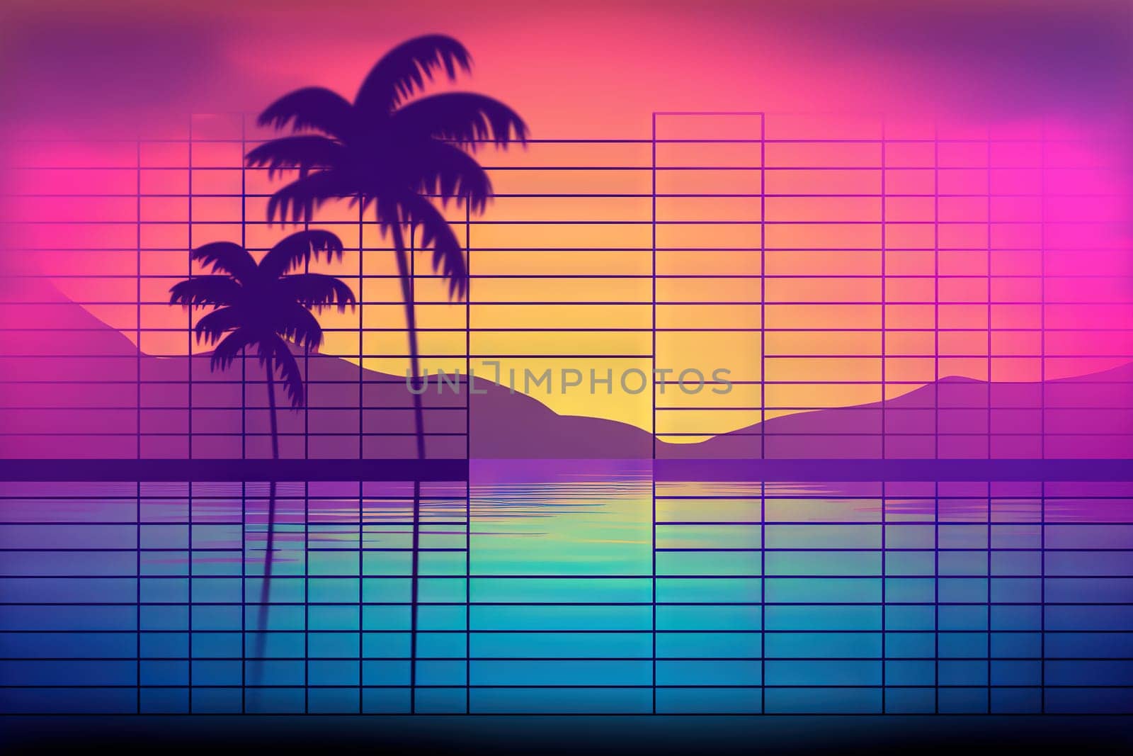 Palm trees and rainbow 80s landscape in vaporwave style. Retrowave vacation background with tropical sunset and palms. Generated AI