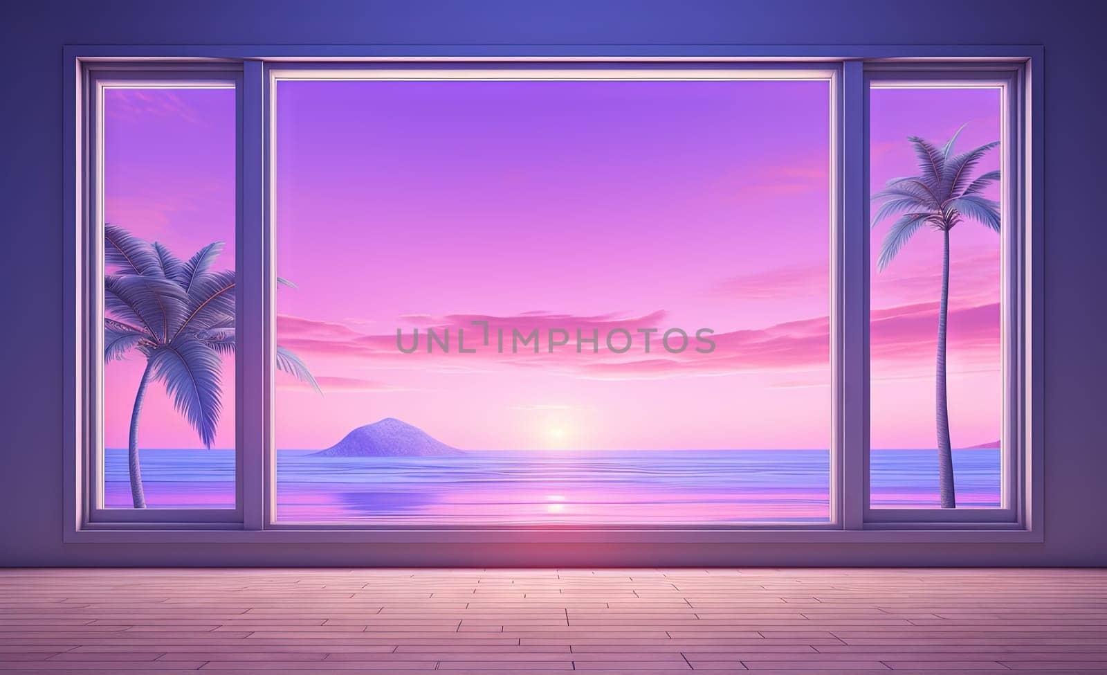 Open window with tropical landscape and ocean in vaporwave style. Purple sundown in 90s style room, vacation calmness frame. Generated AI