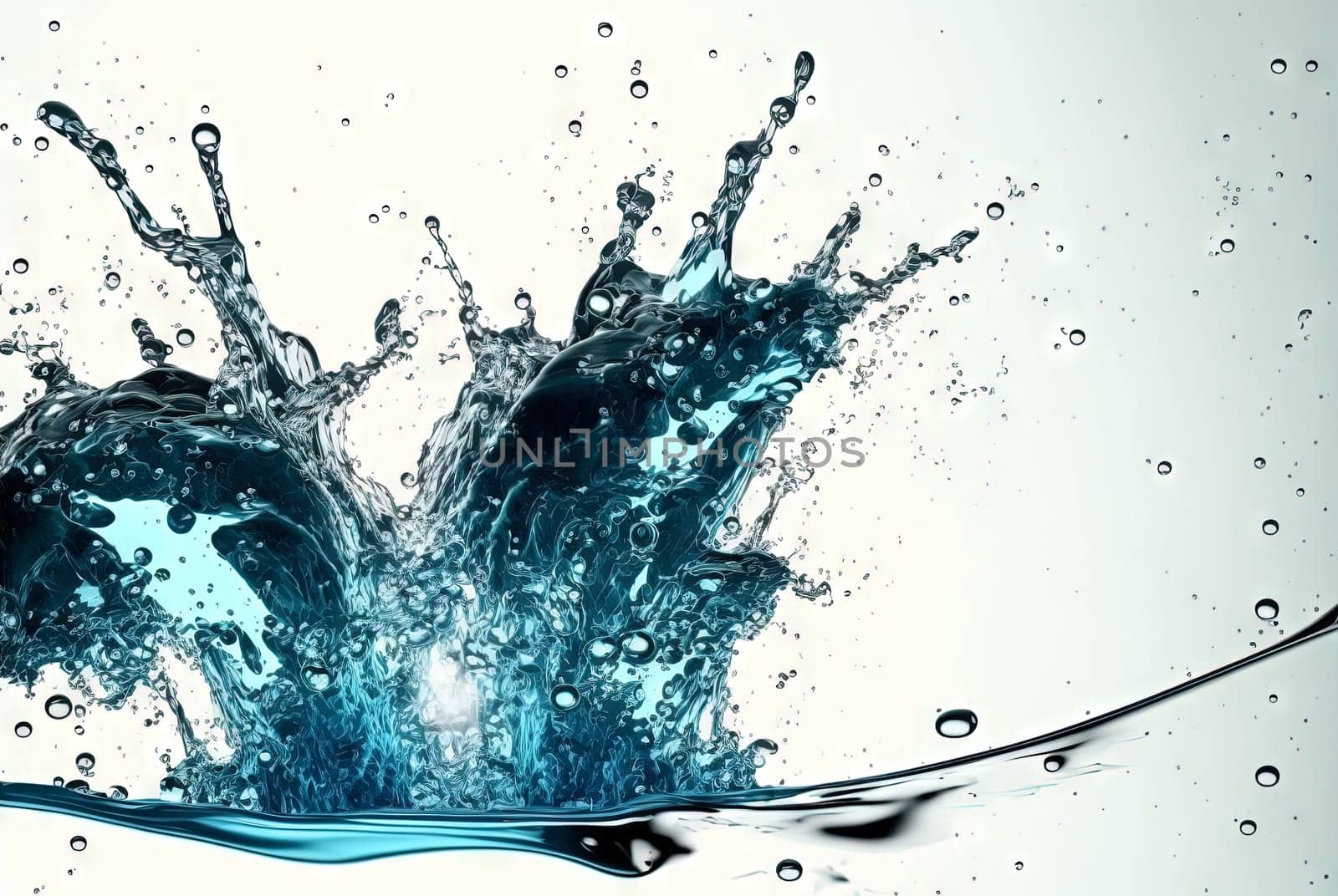 Water splash with beautiful drops flying away. Liquid motion background. Generated AI