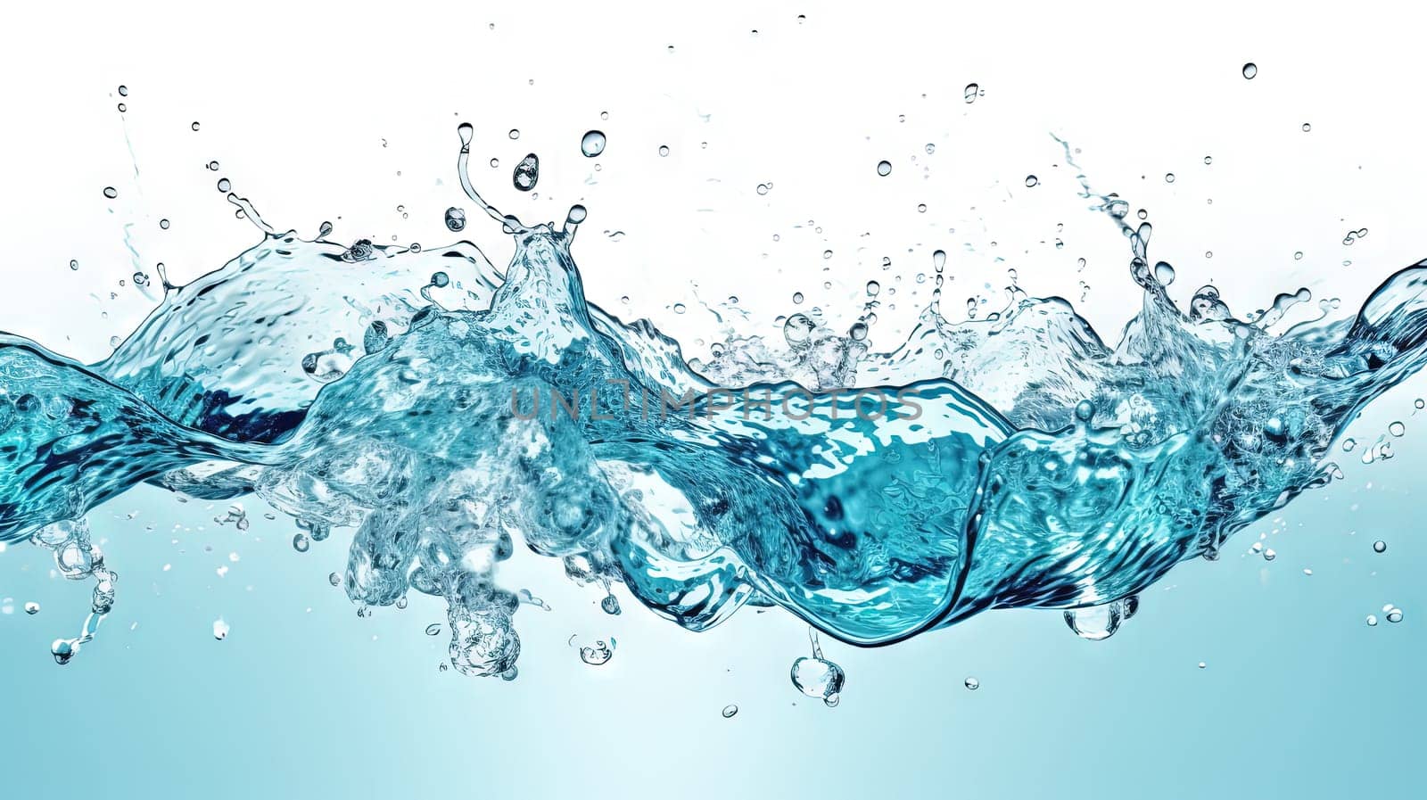 Blue water splash on white background. Liquid drips scattered. Generated AI