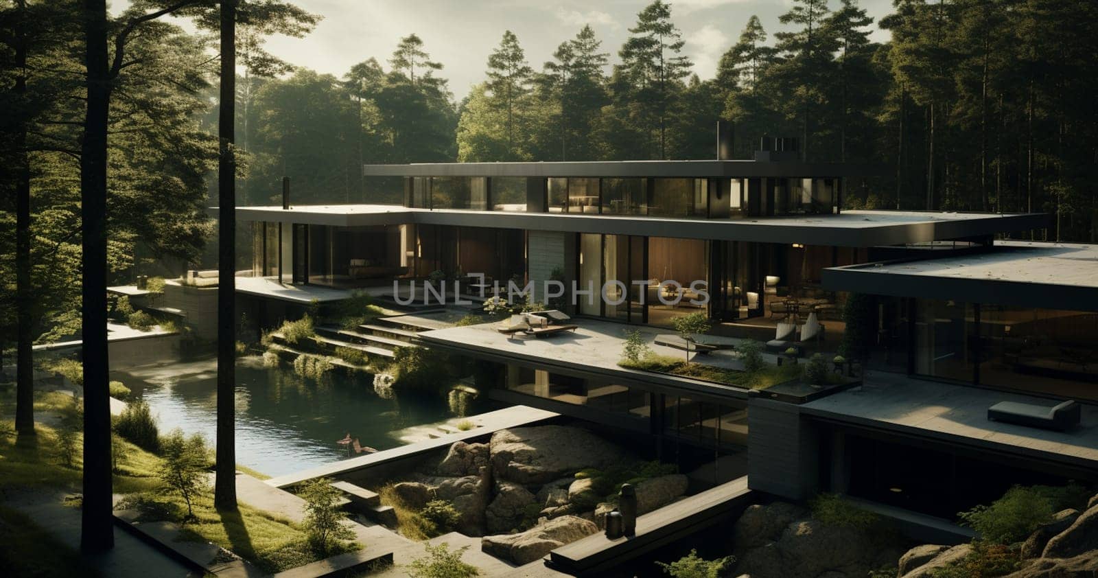 3D visualization of a modern private house in the forest. cozy house. High quality photo