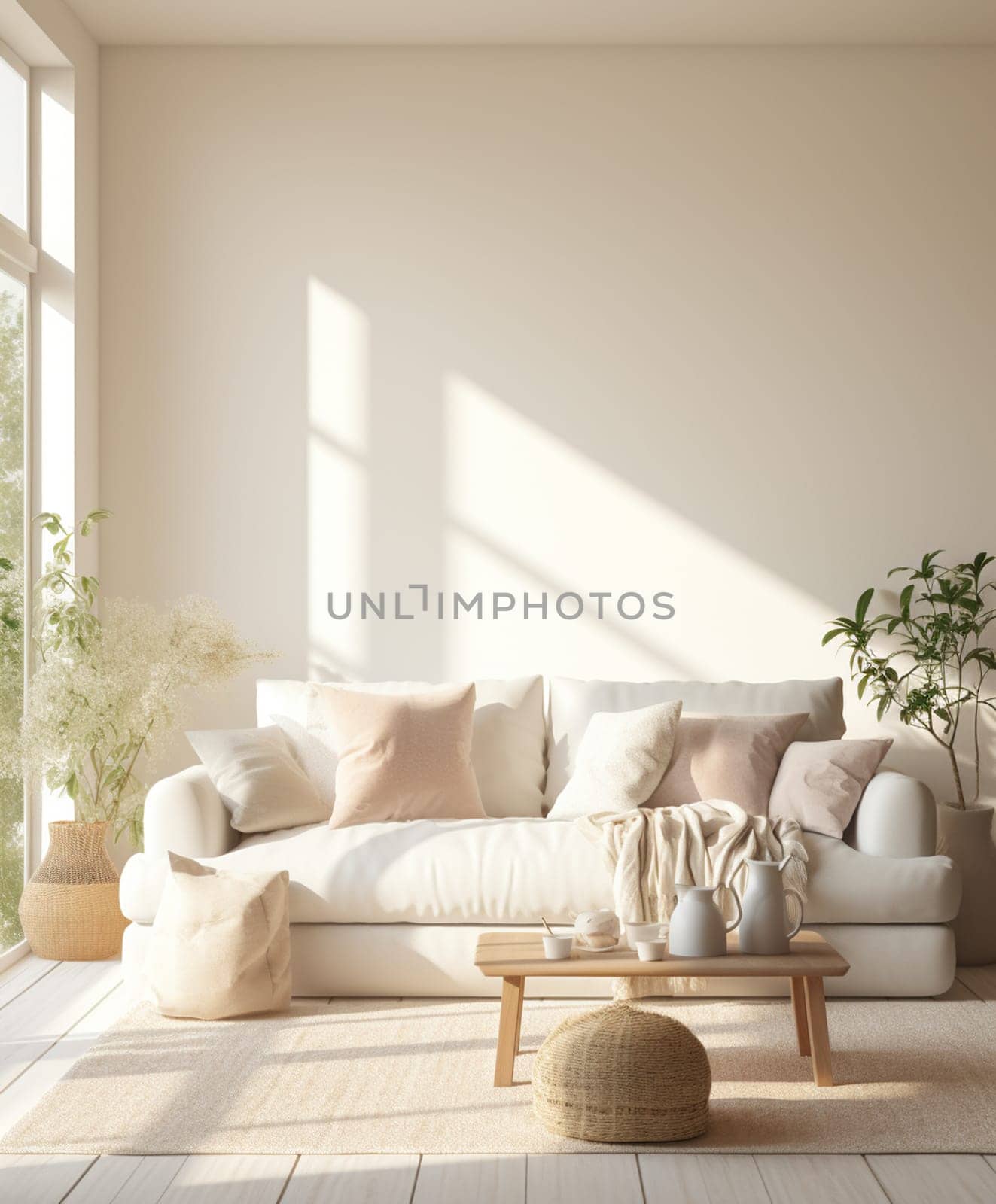 Mock up a stylish living room with an original corner sofa and fashionable decorative plaster, 3d rendering.