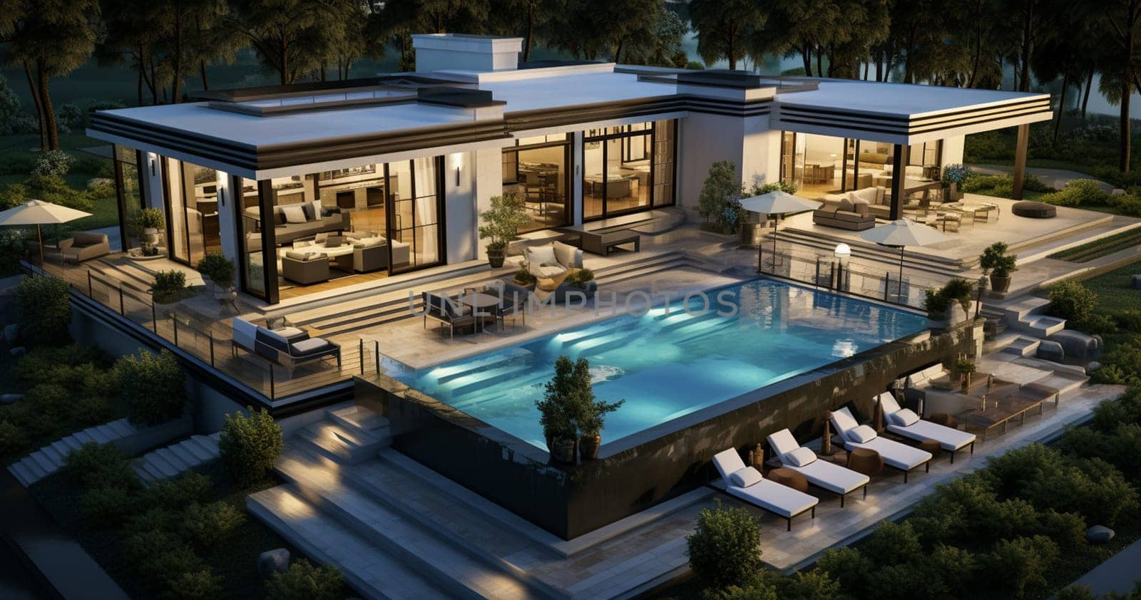 Modern house exterior design at night with swimming pool 3D Rendering, 3D Illustration. High quality photo