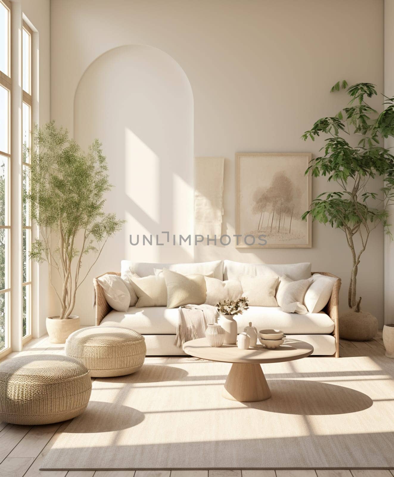 Contemporary living room with large window overlooking the backyard. 3D rendering. High quality photo