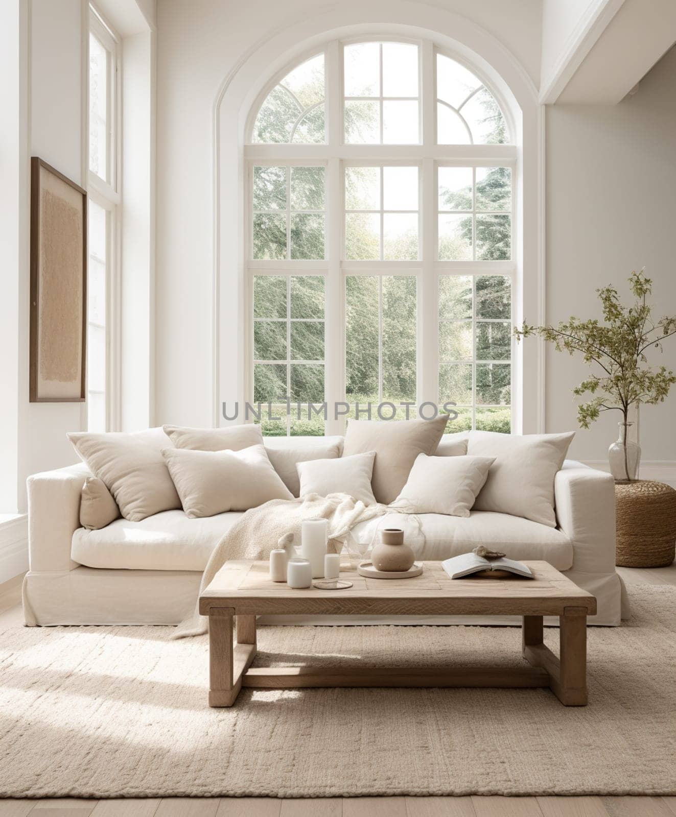 Contemporary living room with large window overlooking the backyard. 3D rendering. High quality photo