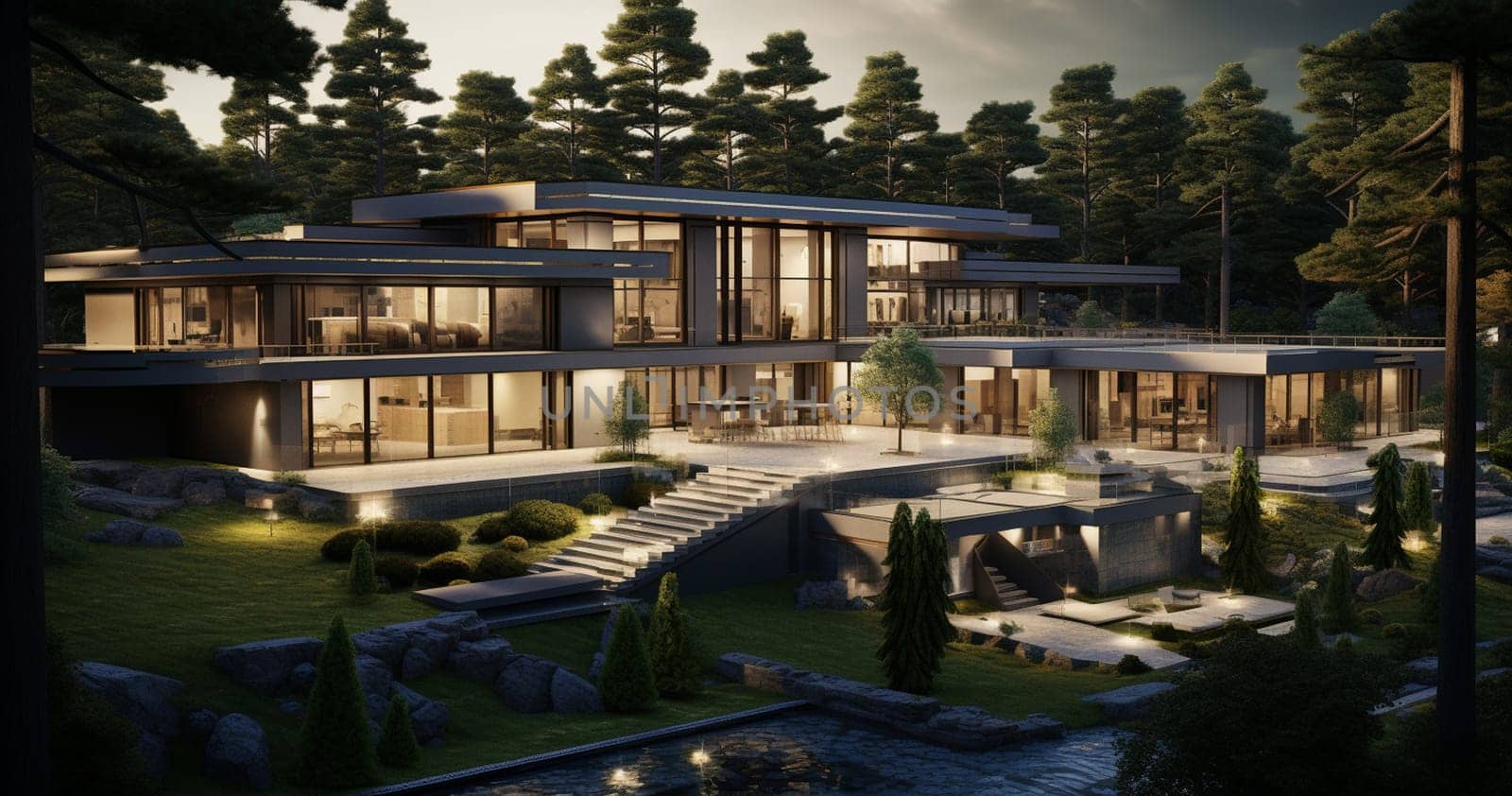 3D visualization of a modern private house in the forest. cozy house. High quality photo