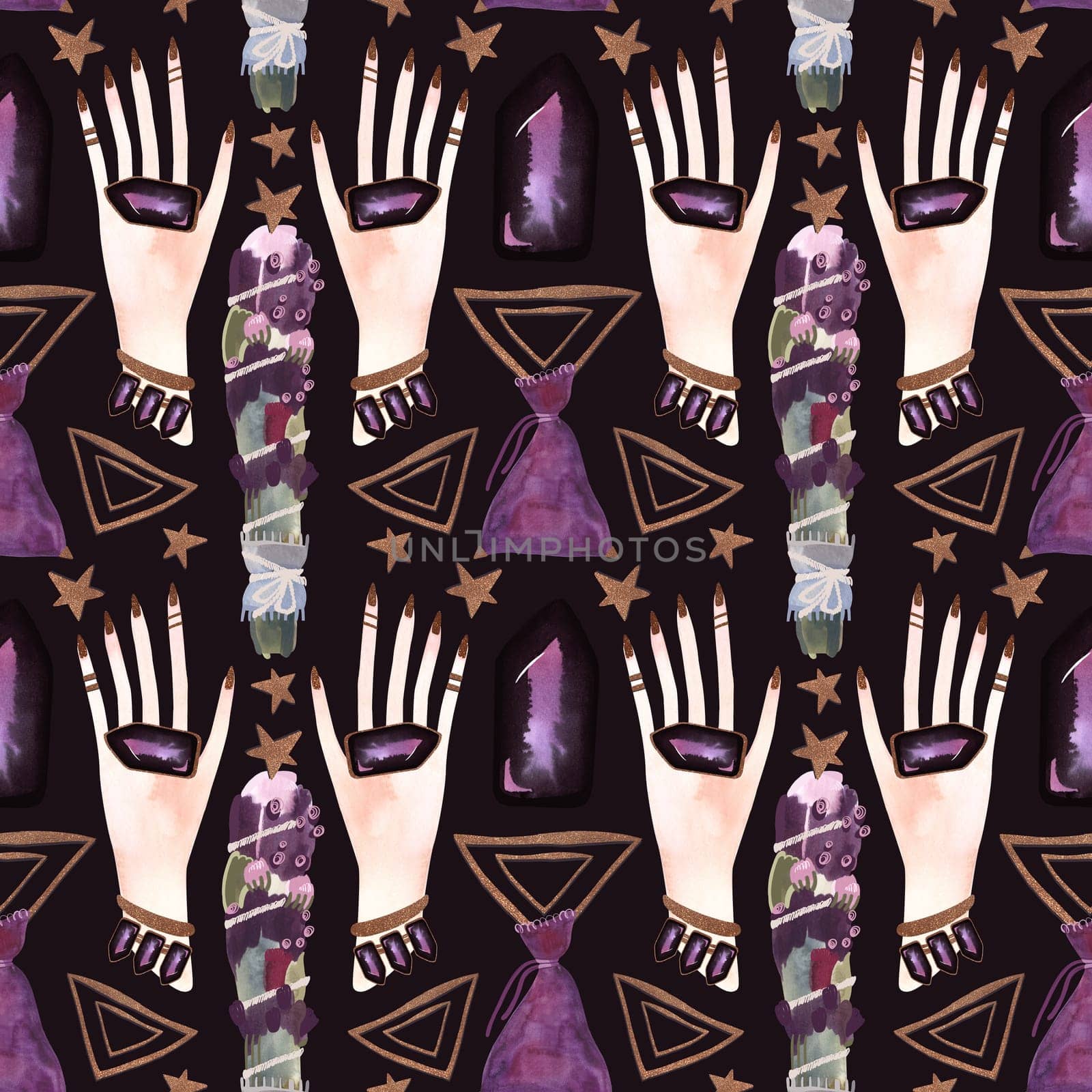 Herbalist's hands create harmony in the house. A magical ritual of cleansing with herbs and stones. Seamless pattern for a modern witch. Watercolor illustration for fabric, wallpaper and wrapping paper