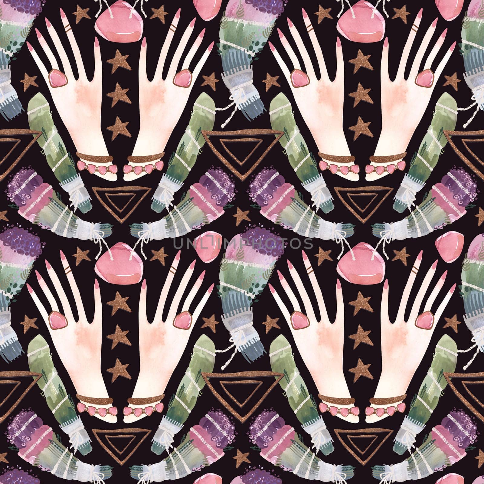 Herbalist's hands create harmony in the house. A magical ritual of cleansing with herbs and stones. Seamless pattern for a modern witch. Watercolor illustration for fabric, wallpaper and wrapping paper