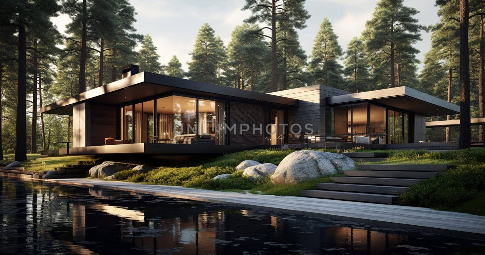 modern villa in green land 3D render. High quality photo