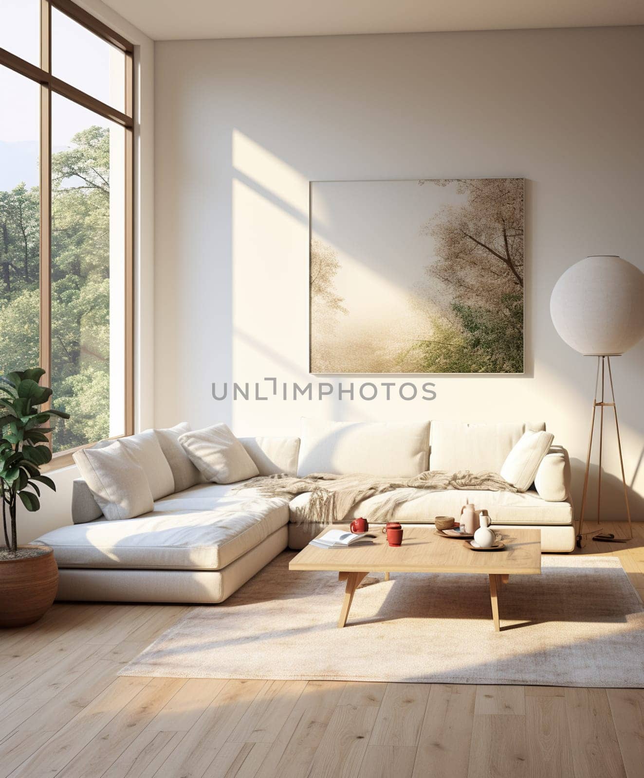 Mock up a stylish living room with an original corner sofa and fashionable decorative plaster, 3d rendering. by Andelov13