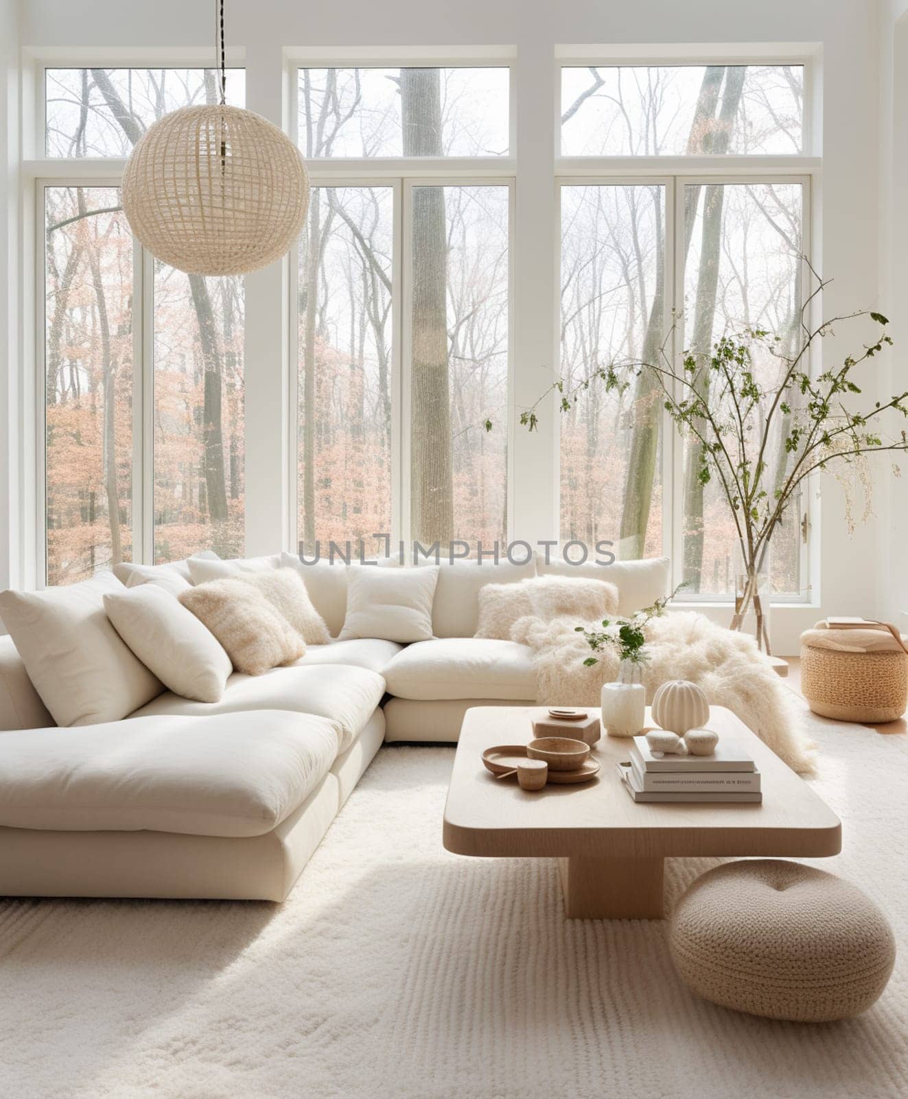 Contemporary living room with large window overlooking the backyard. 3D rendering by Andelov13