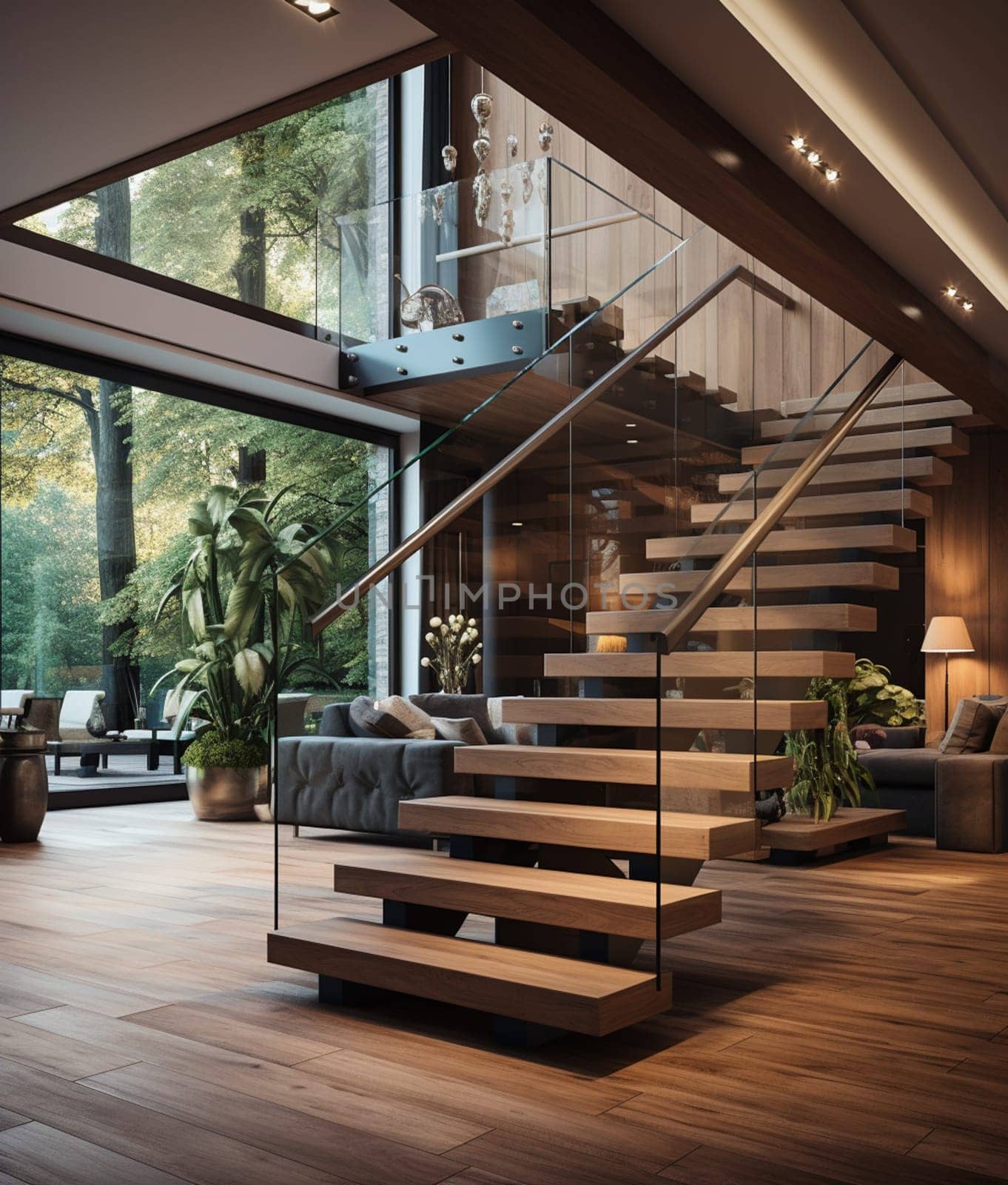 Glass staircase custom home build. High quality photo