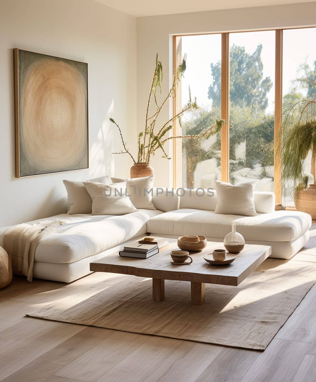 Japanese living room with bleached wooden walls in white and beige tones. Parquet floor, fabric sofa, carpets and decors. Minimal modern interior design, 3d illustration