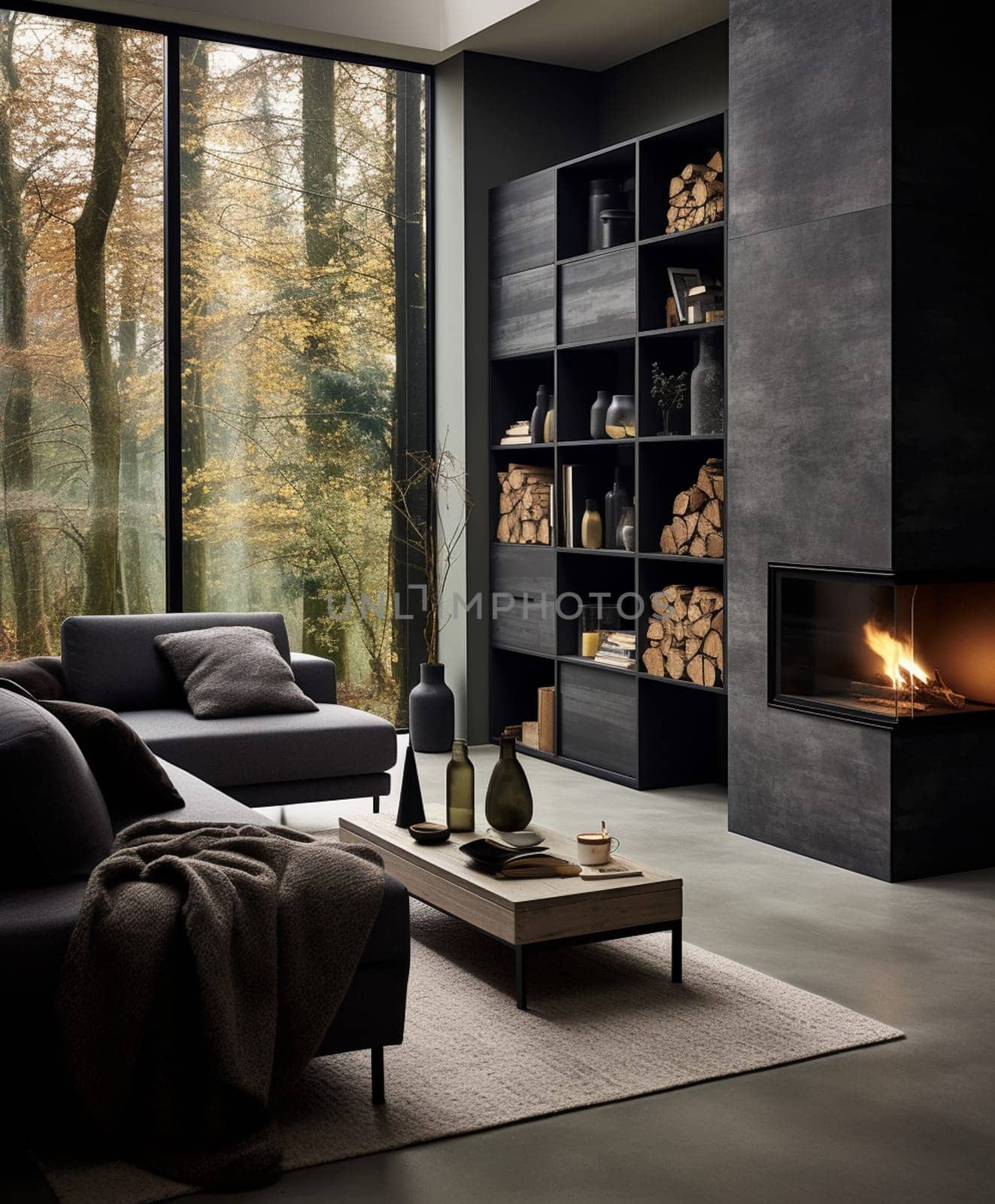 Dark living room loft with fireplace, industrial style, 3d render.