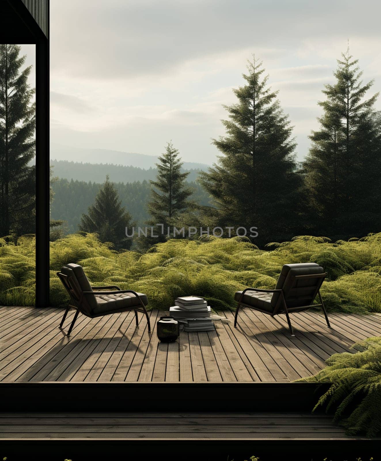 Balcony terrace in a wooden house with upholstered furniture and beautiful green surroundings. 3d rendering. by Andelov13