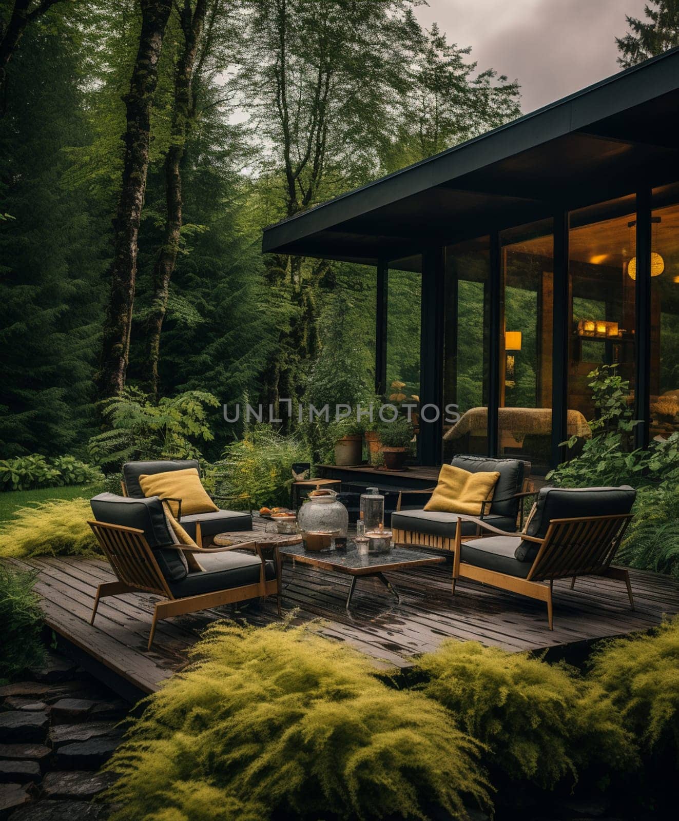 Balcony terrace in a wooden house with upholstered furniture and beautiful green surroundings. 3d rendering.