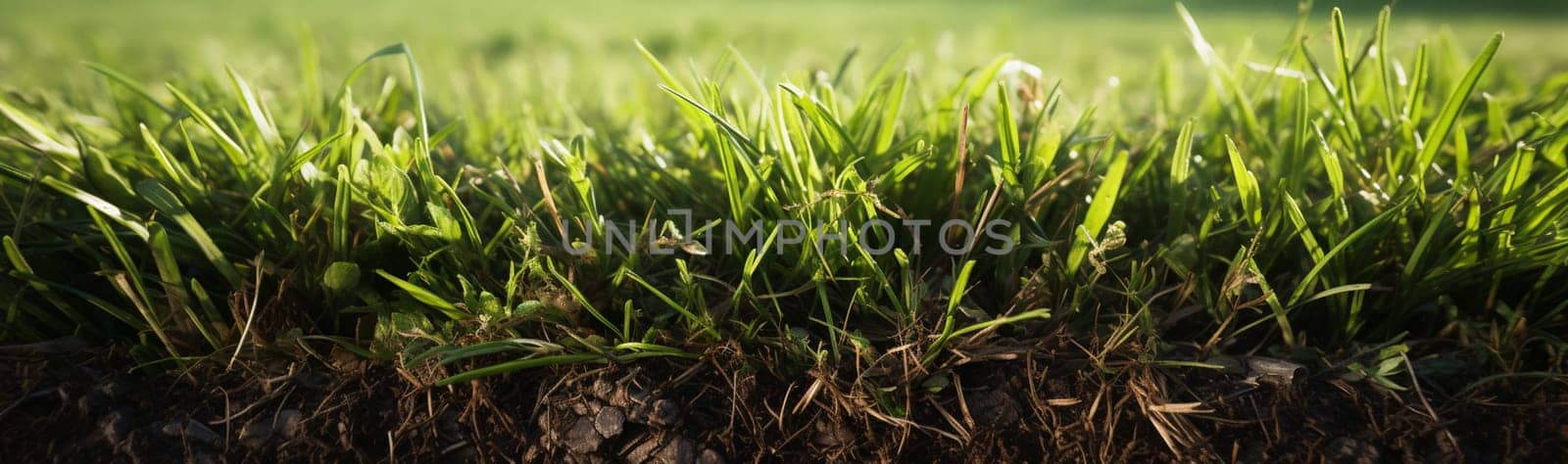 Fresh Green Grass Texture Background. Macro grass and dew. Rain Water on grass. Morning in rainy season. Close up of fresh thick grass with water droplets in the morning. by Andelov13