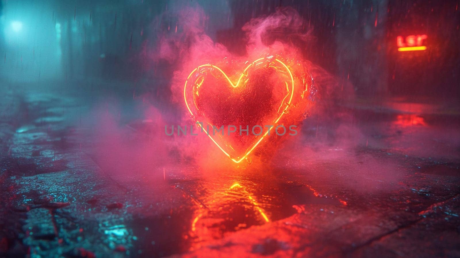 Beautiful neon 3d background with a heart. High quality illustration. The heart in the light of the mysterious red energy