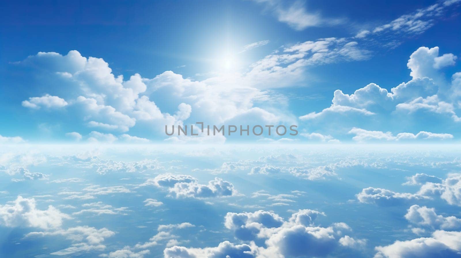 Blue sky with fluffy white clouds on a sunny day. Generated by artificial intelligence by Vovmar