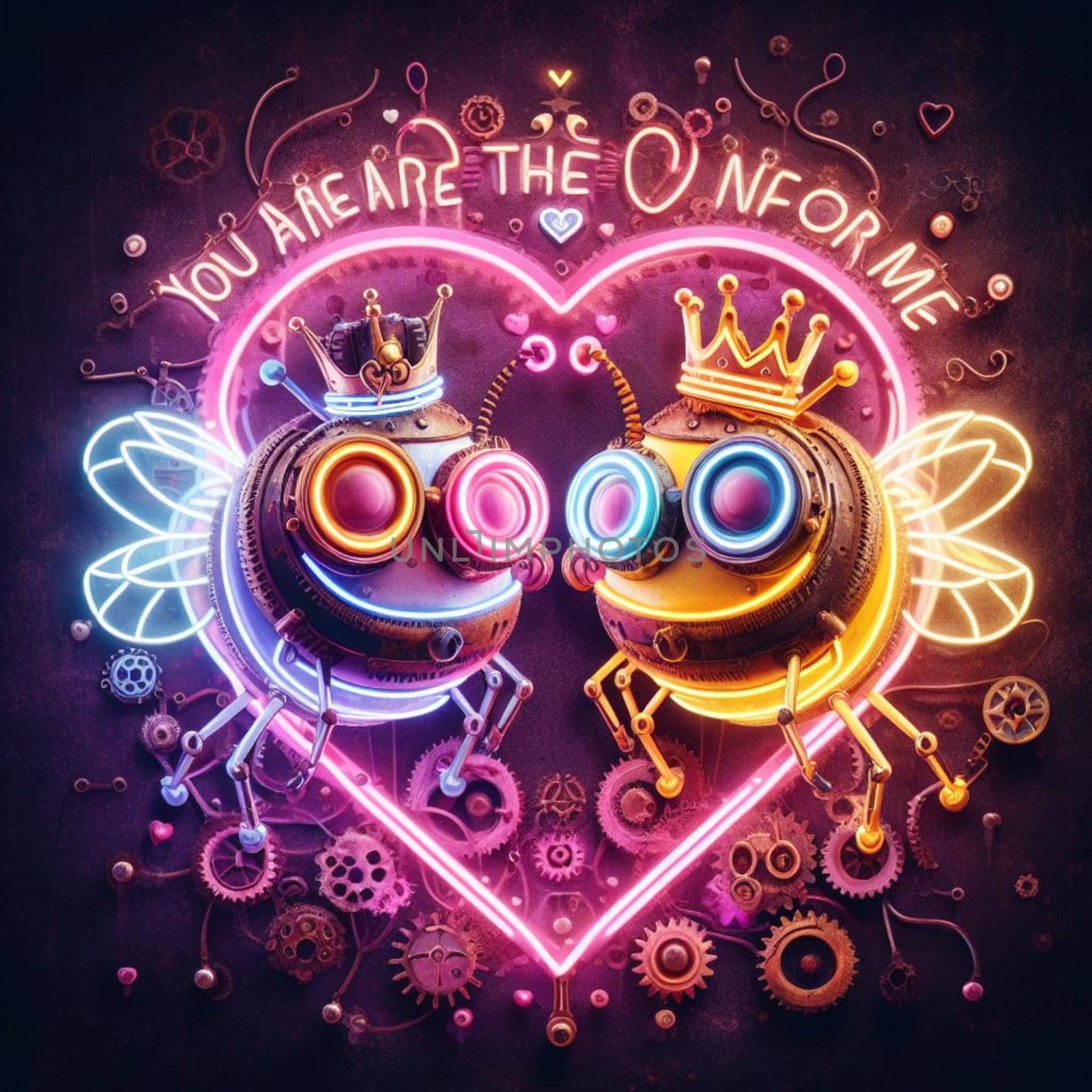 steampunk bee king and queen in love neon sign valentines illustration concept rusty background by verbano