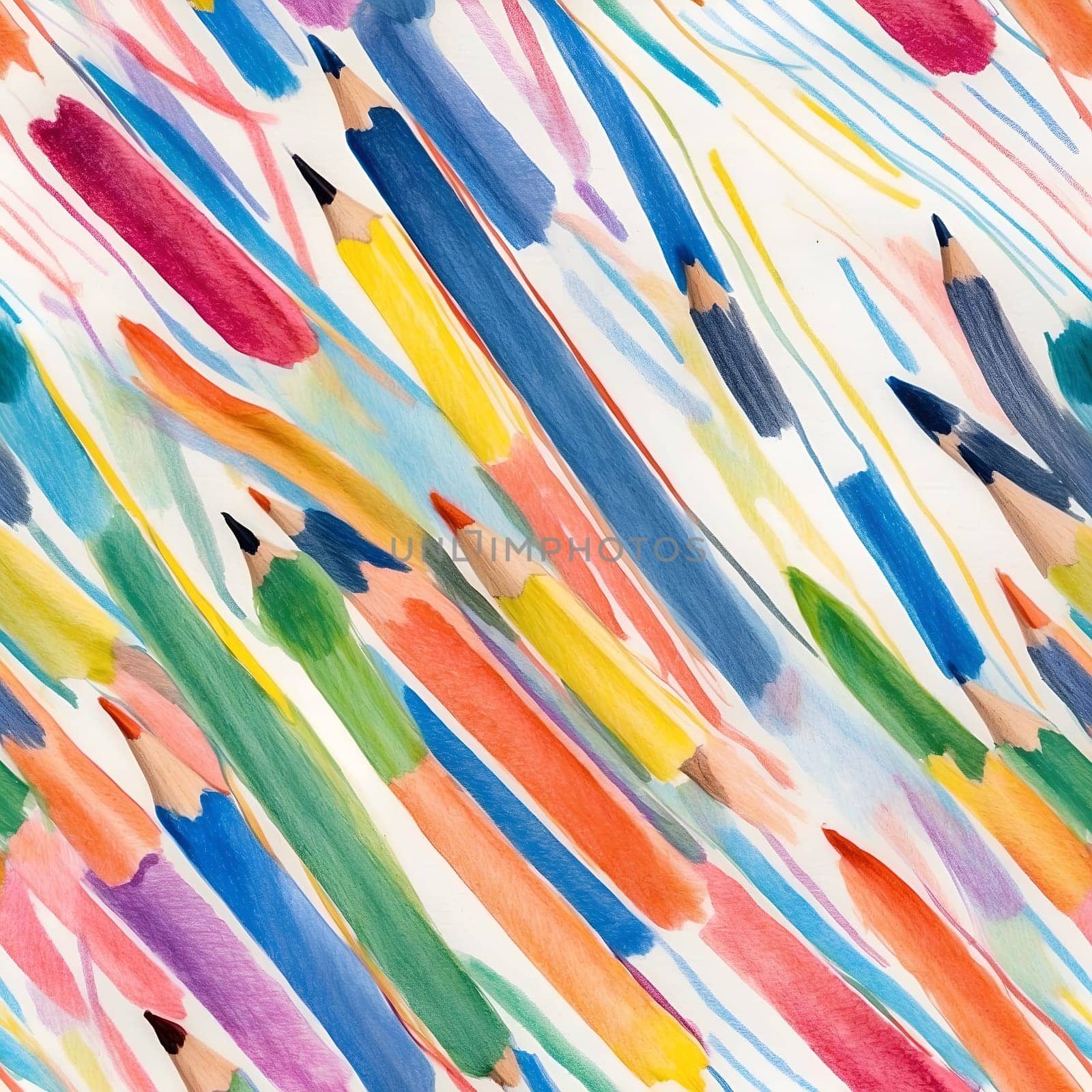 A visually striking painting featuring an assortment of brightly colored pencils arranged in a seamless pattern.
