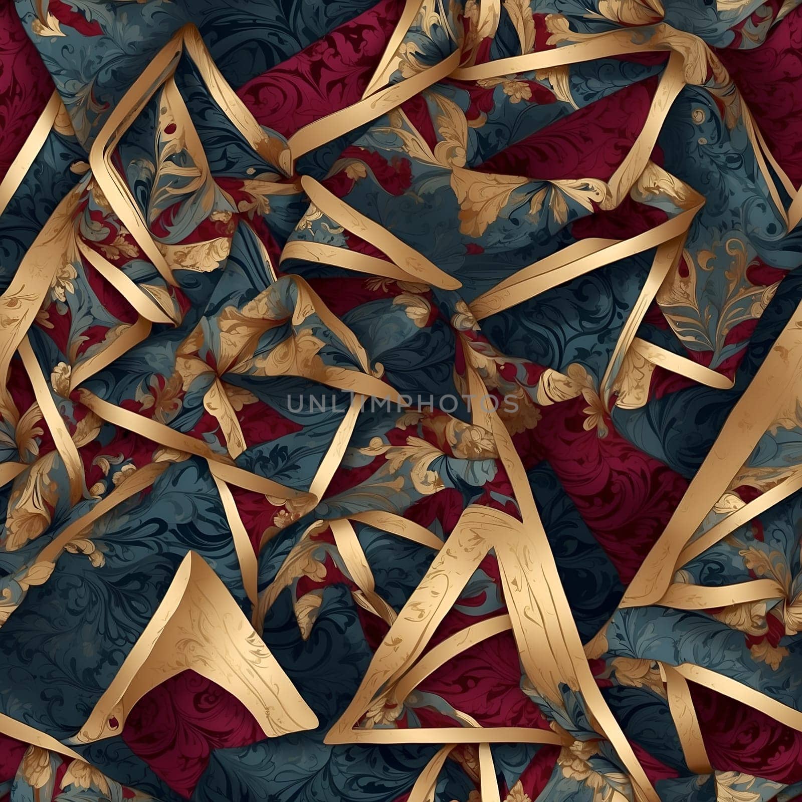 A seamless pattern featuring a red and blue background adorned with elegant gold ribbons.