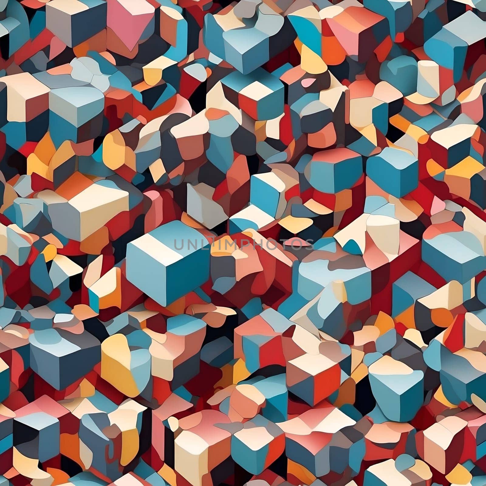 An abstract painting featuring a seamless pattern of numerous differently colored cubes.