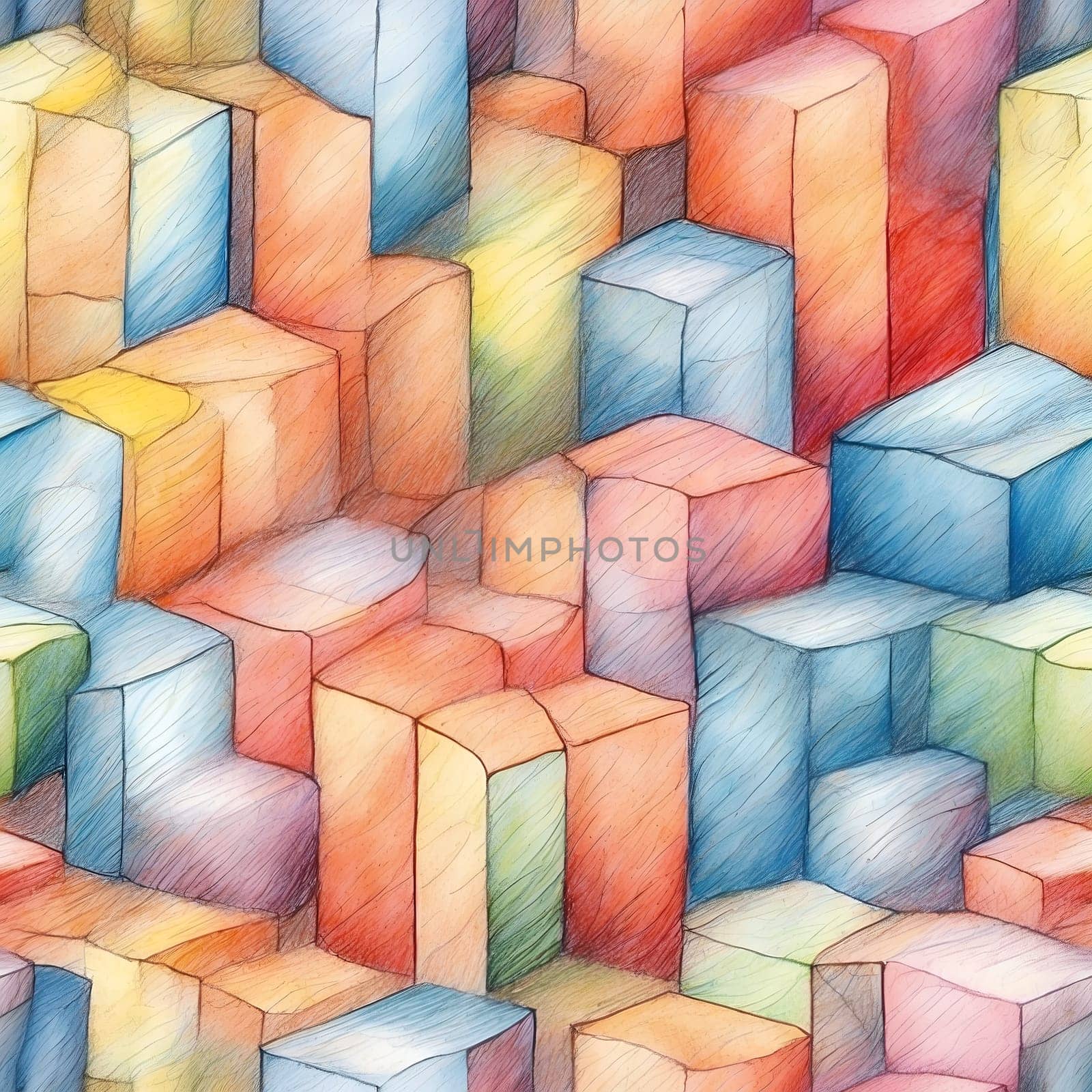 A seamless pattern drawing featuring a variety of cubes in pastel colors.