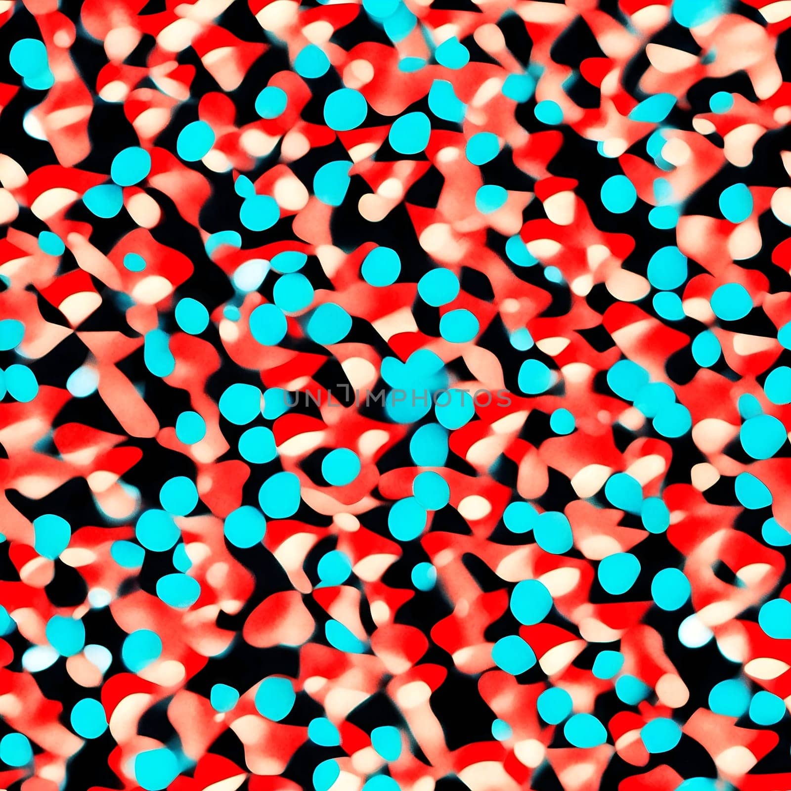 A seamless pattern featuring a vast quantity of blue and red dots against a black background.