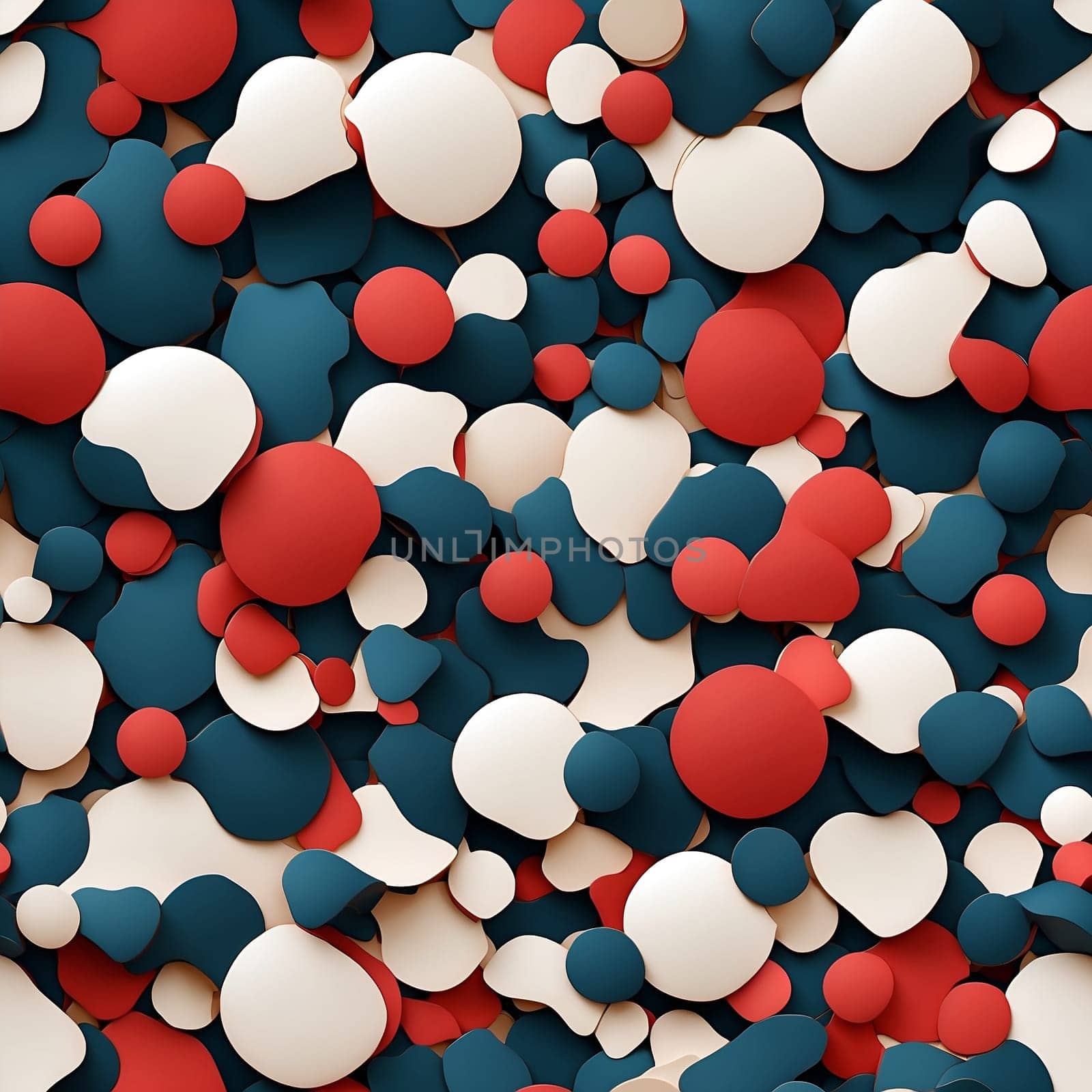 A seamless pattern featuring a large group of red, white, and blue hearts.