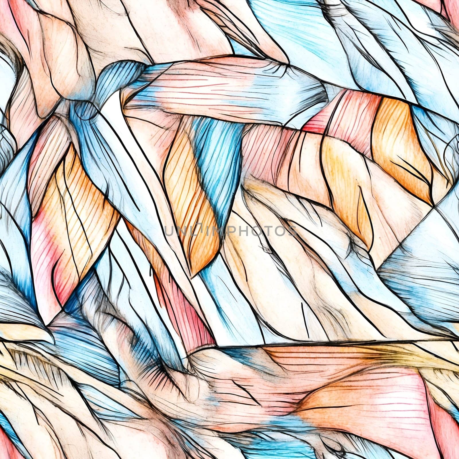 Colorful Feathers Drawing in a Seamless Pattern. Generative AI. by artofphoto