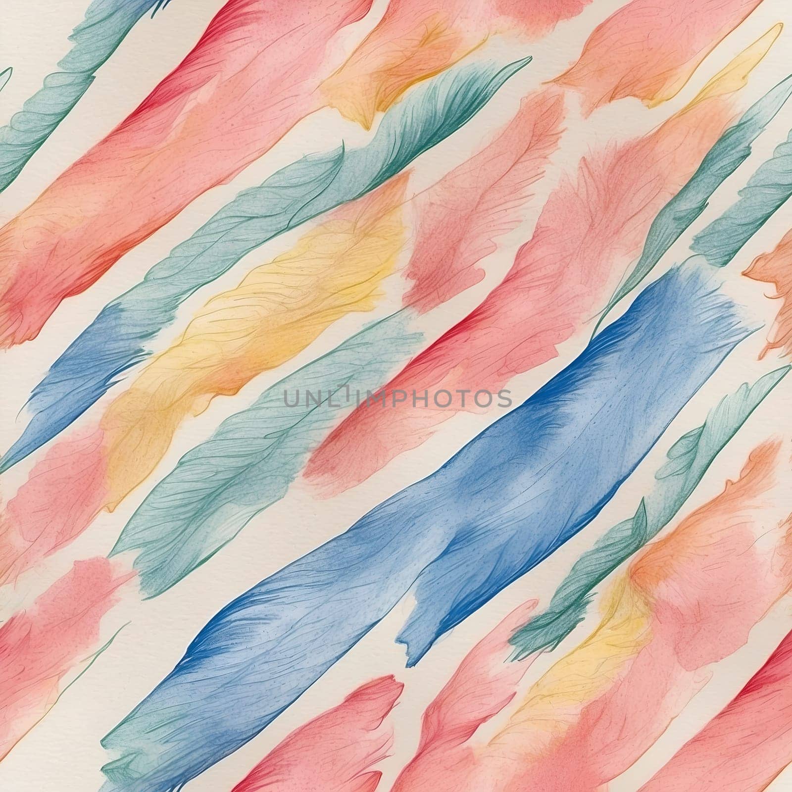 A seamless pattern featuring a painting of vibrant feathers against a white background.