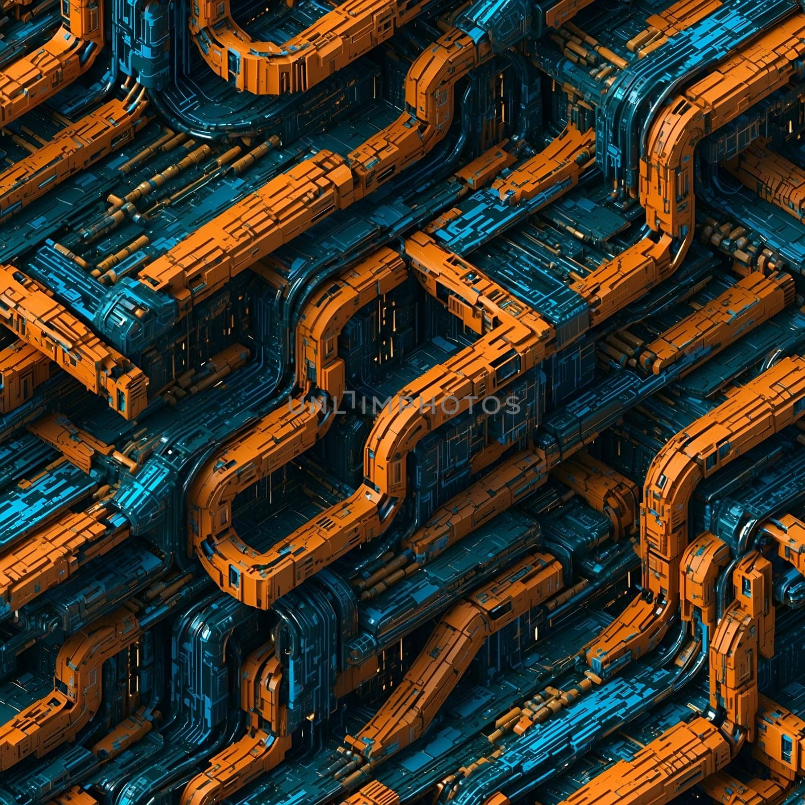 Large Group of Orange and Blue Pipes in a Seamless Pattern. Generative AI. by artofphoto