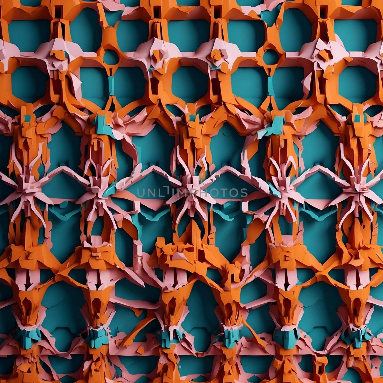 A detailed view of a wall created using a seamless pattern of orange and pink pieces of paper.