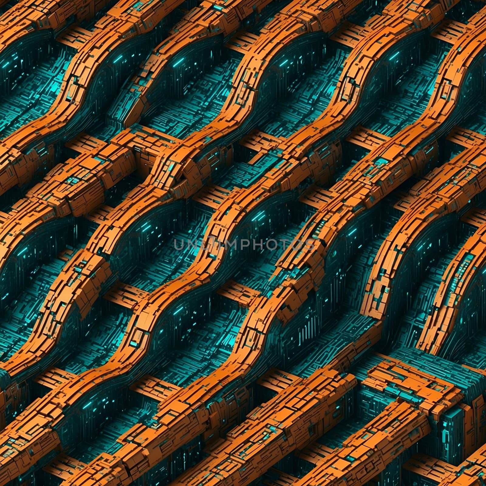 A seamless pattern featuring a multitude of orange and blue boats sailing on the water.
