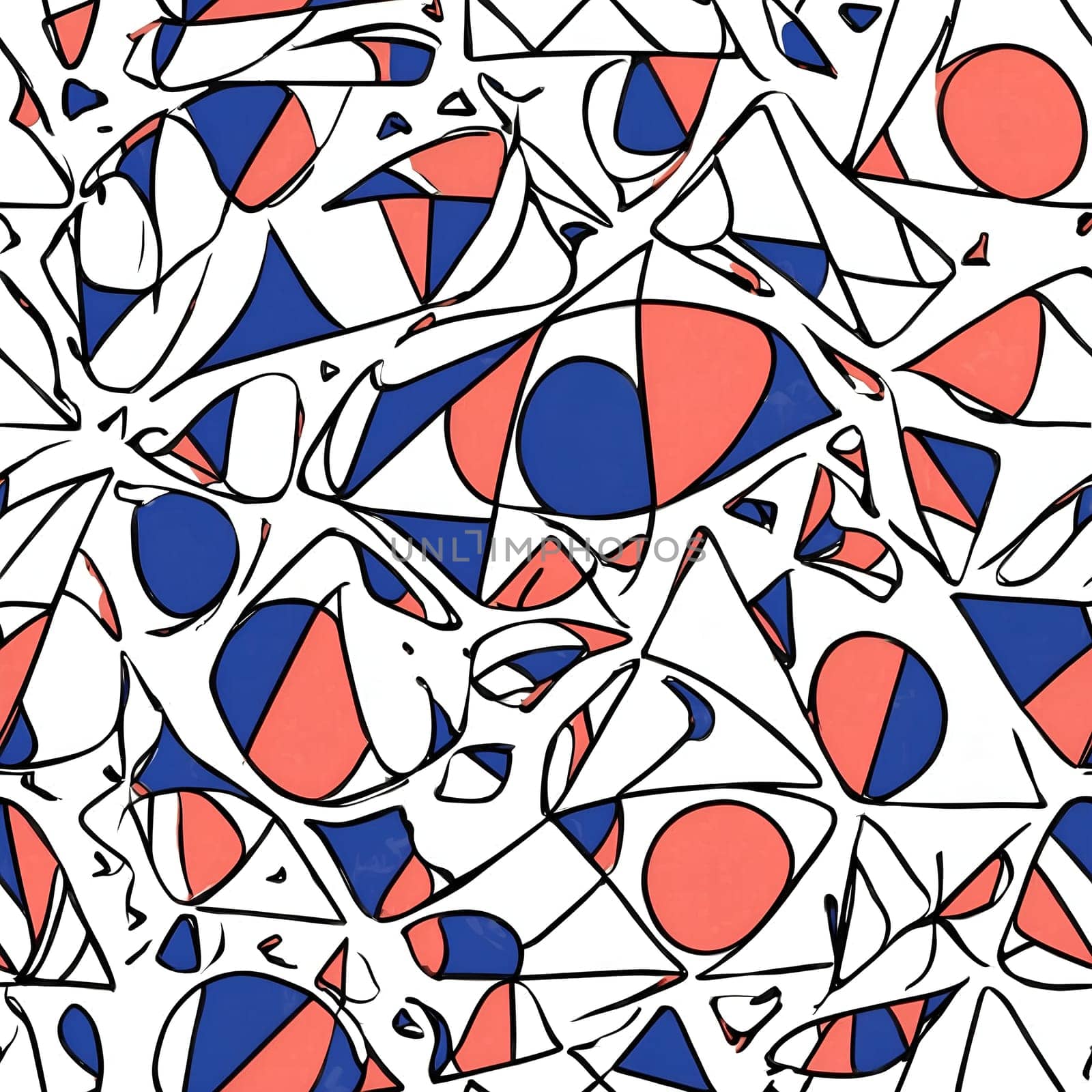 A seamless pattern showcasing an abstract painting with blue, red, and white shapes.