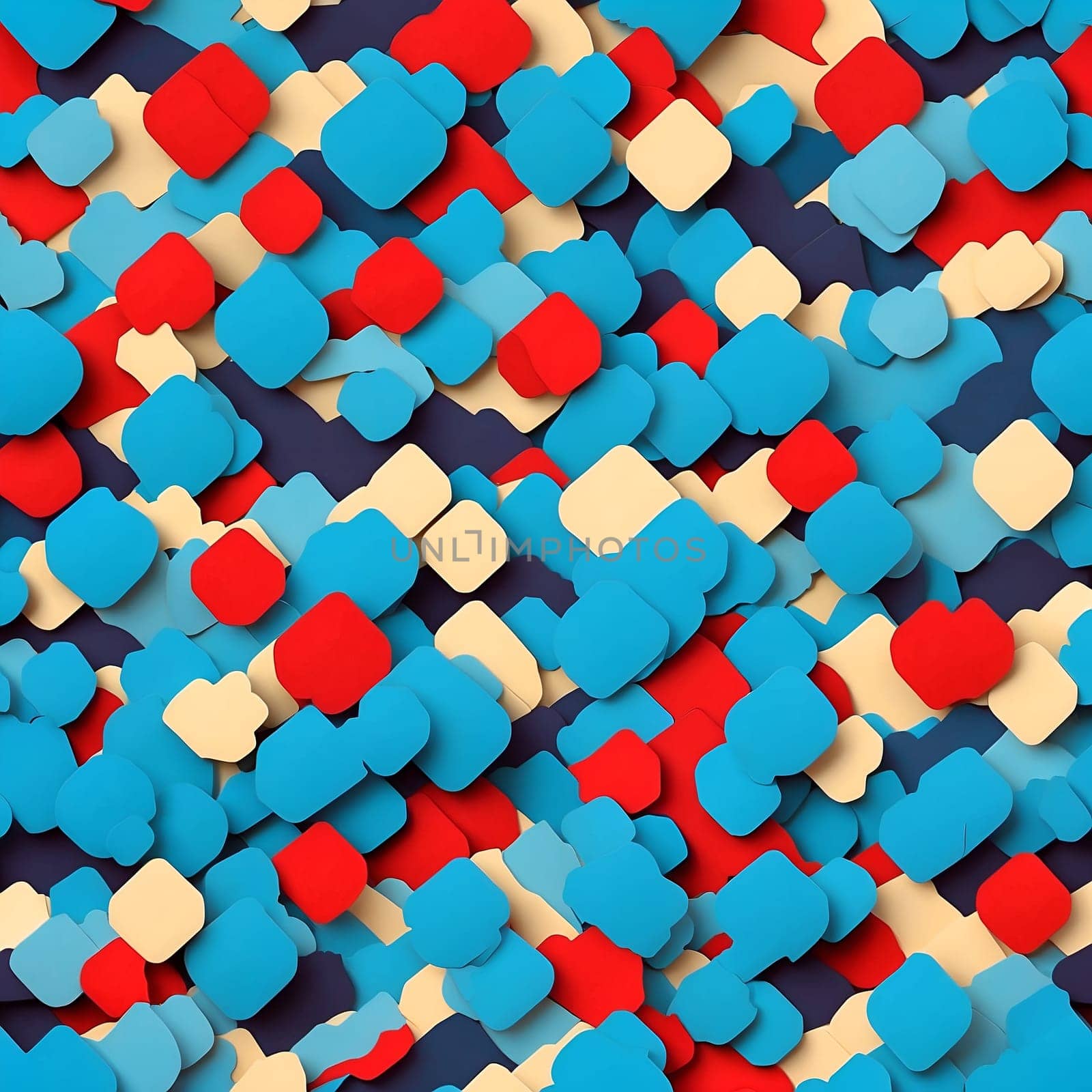 A vibrant seamless pattern featuring a large multitude of blue and red shapes arranged in a captivating design.