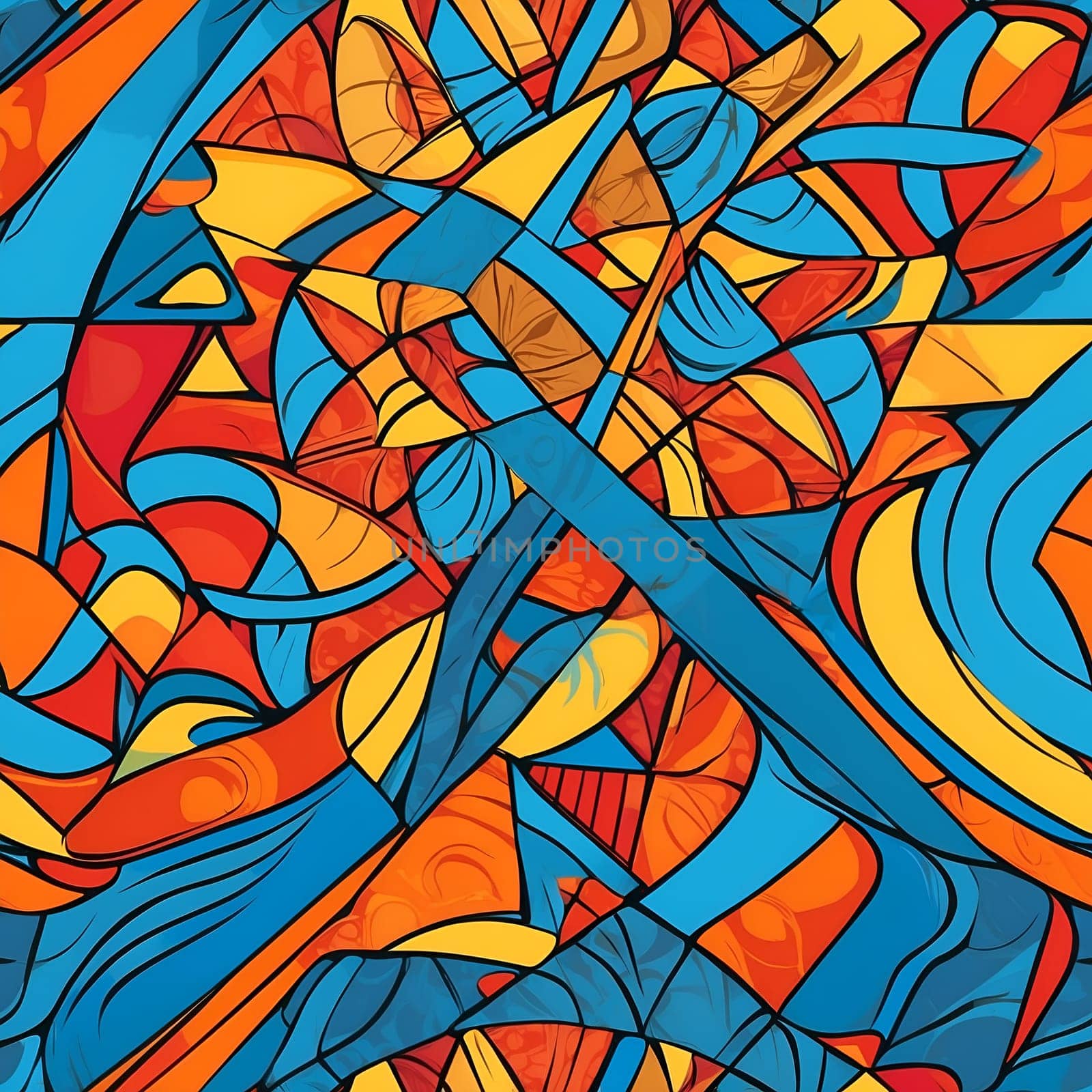 A seamless pattern showcasing a painting with a vibrant blue and orange abstract design.